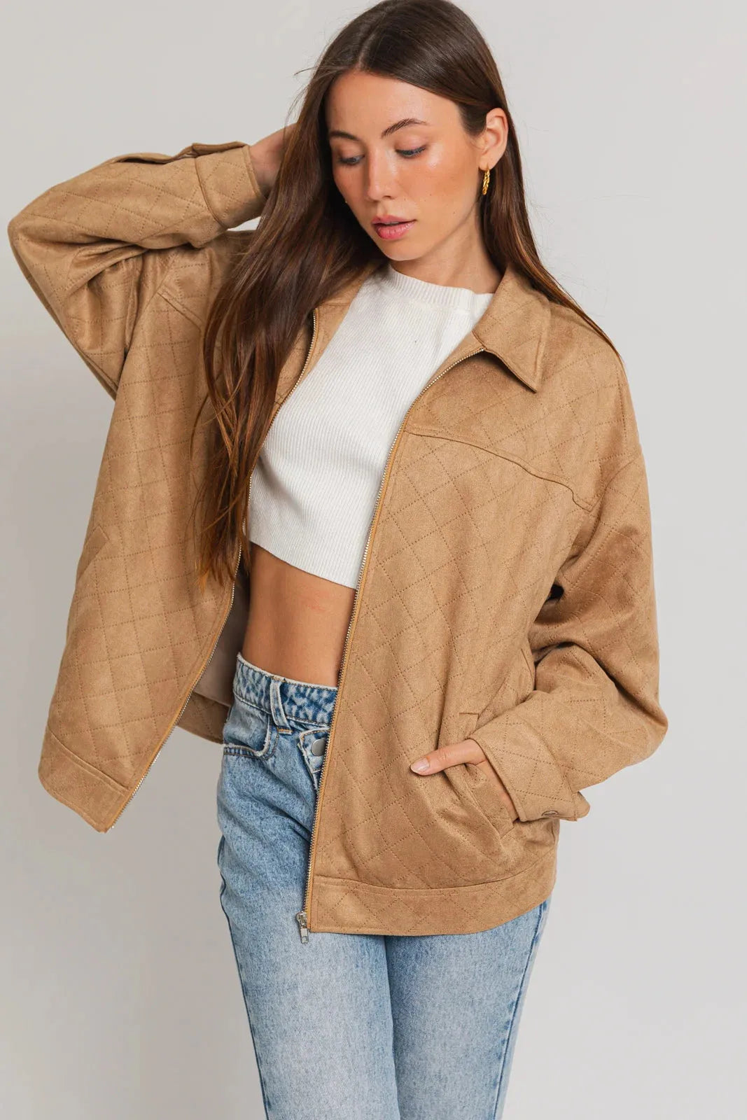 Diamond Quilted Suede Front Zipper Collared Jacket - Tasha Apparel Wholesale