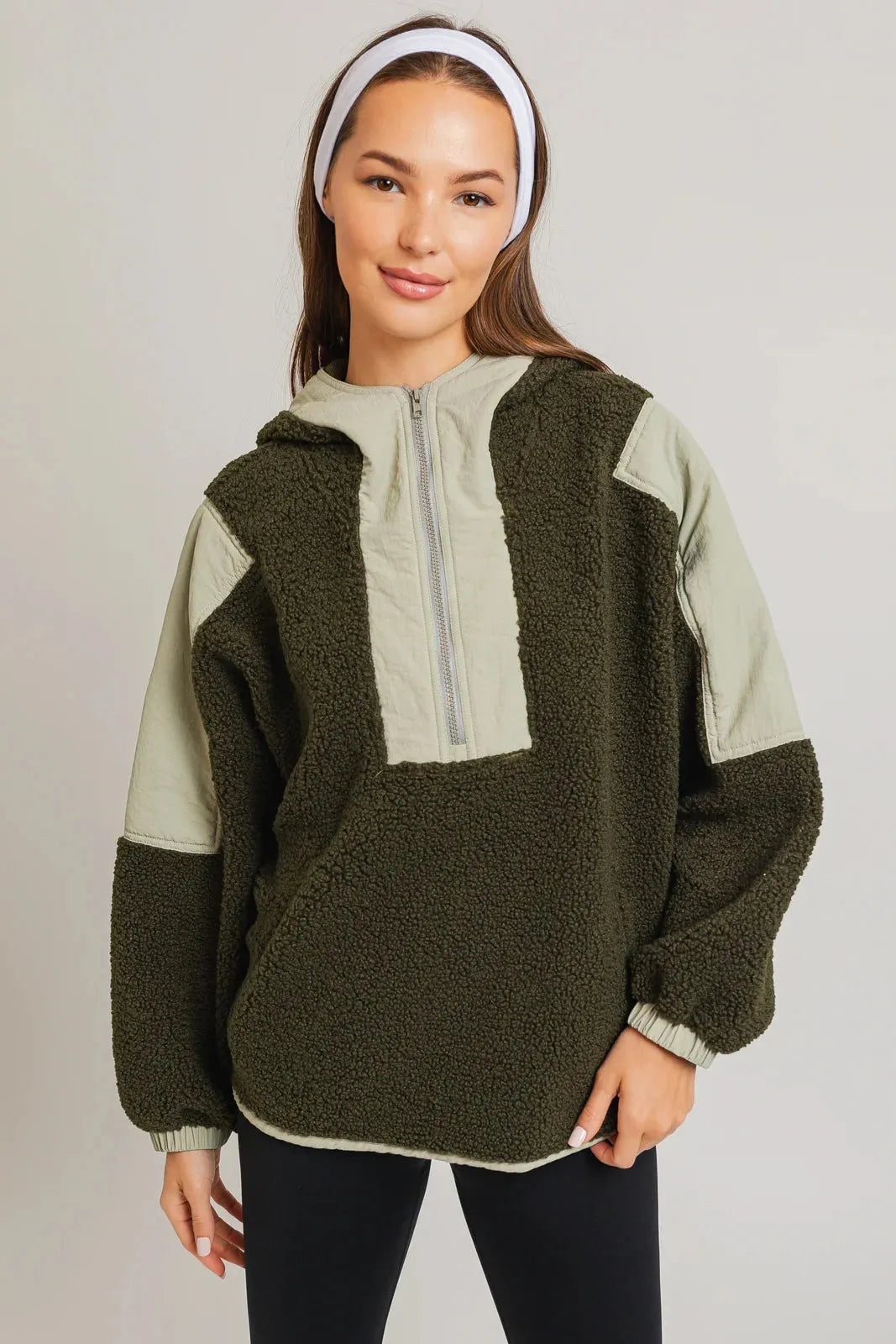 Color Block Pullover Half Zip Fleece Hooded Jacket - Tasha Apparel Wholesale
