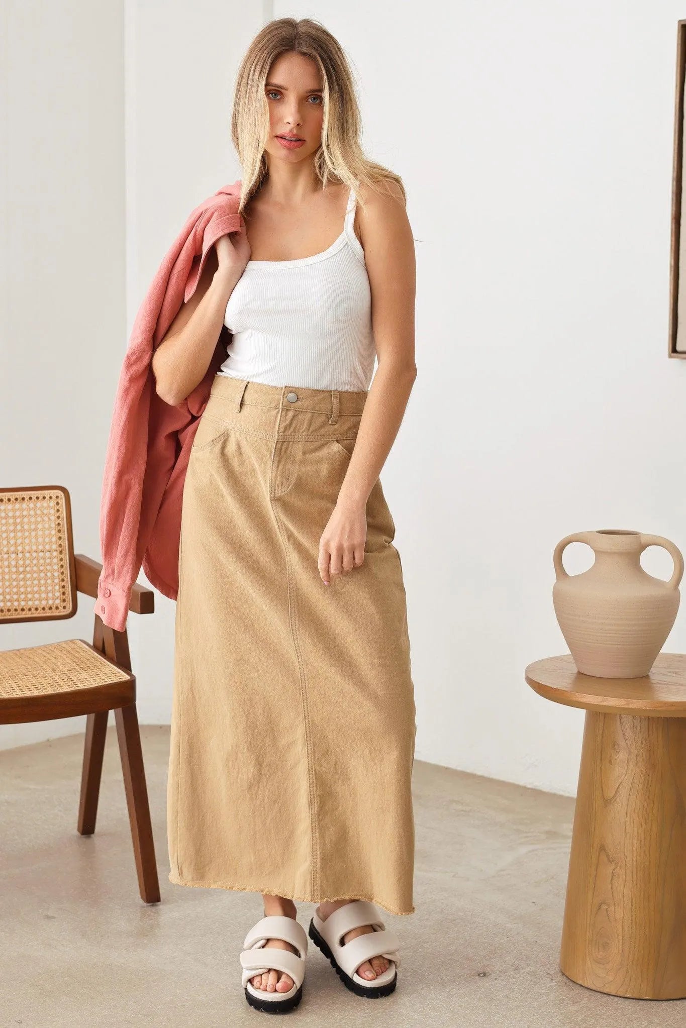 Mid Waist A-Line Frayed Hem Back Leg Slit Maxi Skirt - Tasha Apparel Wholesale