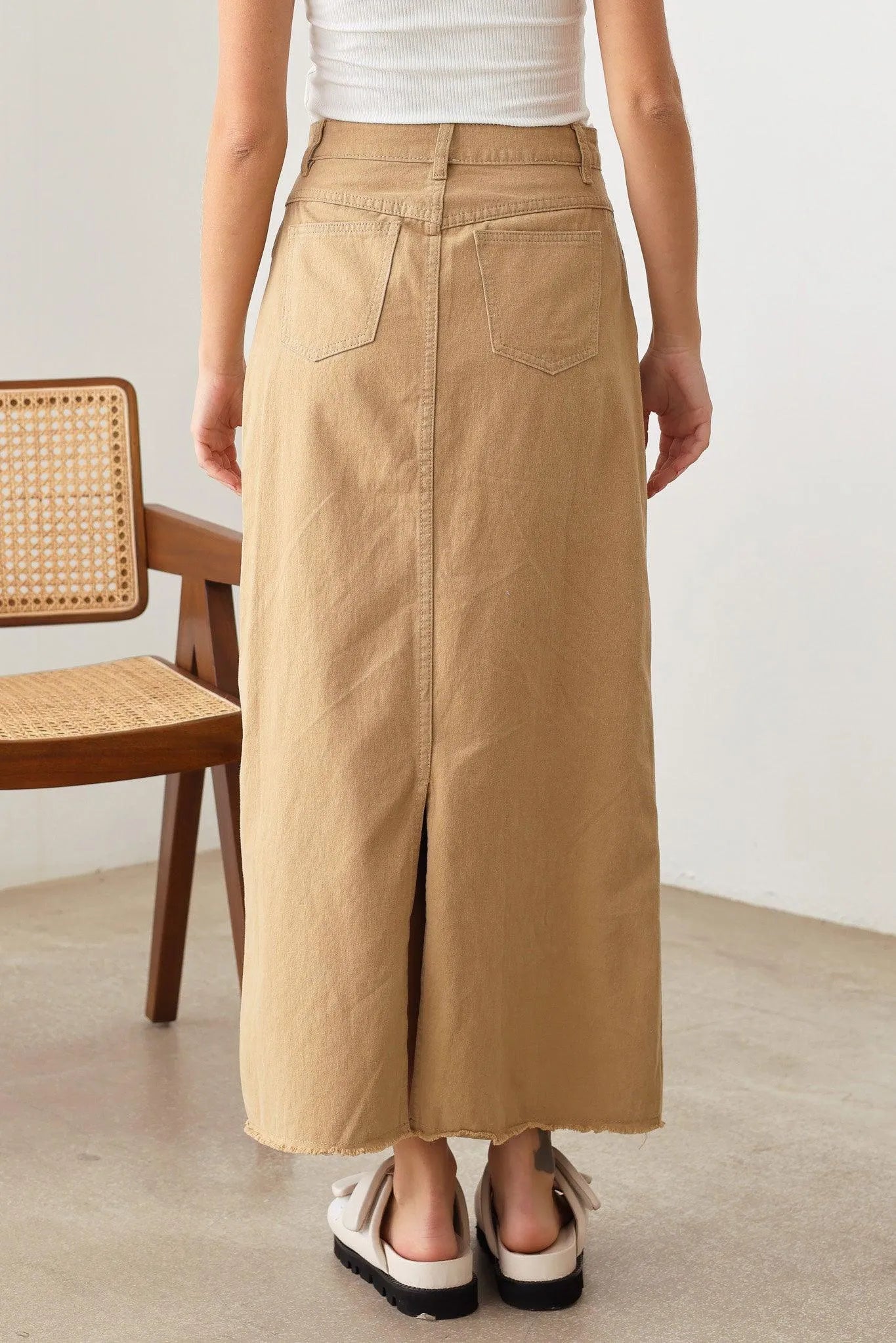 Mid Waist A-Line Frayed Hem Back Leg Slit Maxi Skirt - Tasha Apparel Wholesale