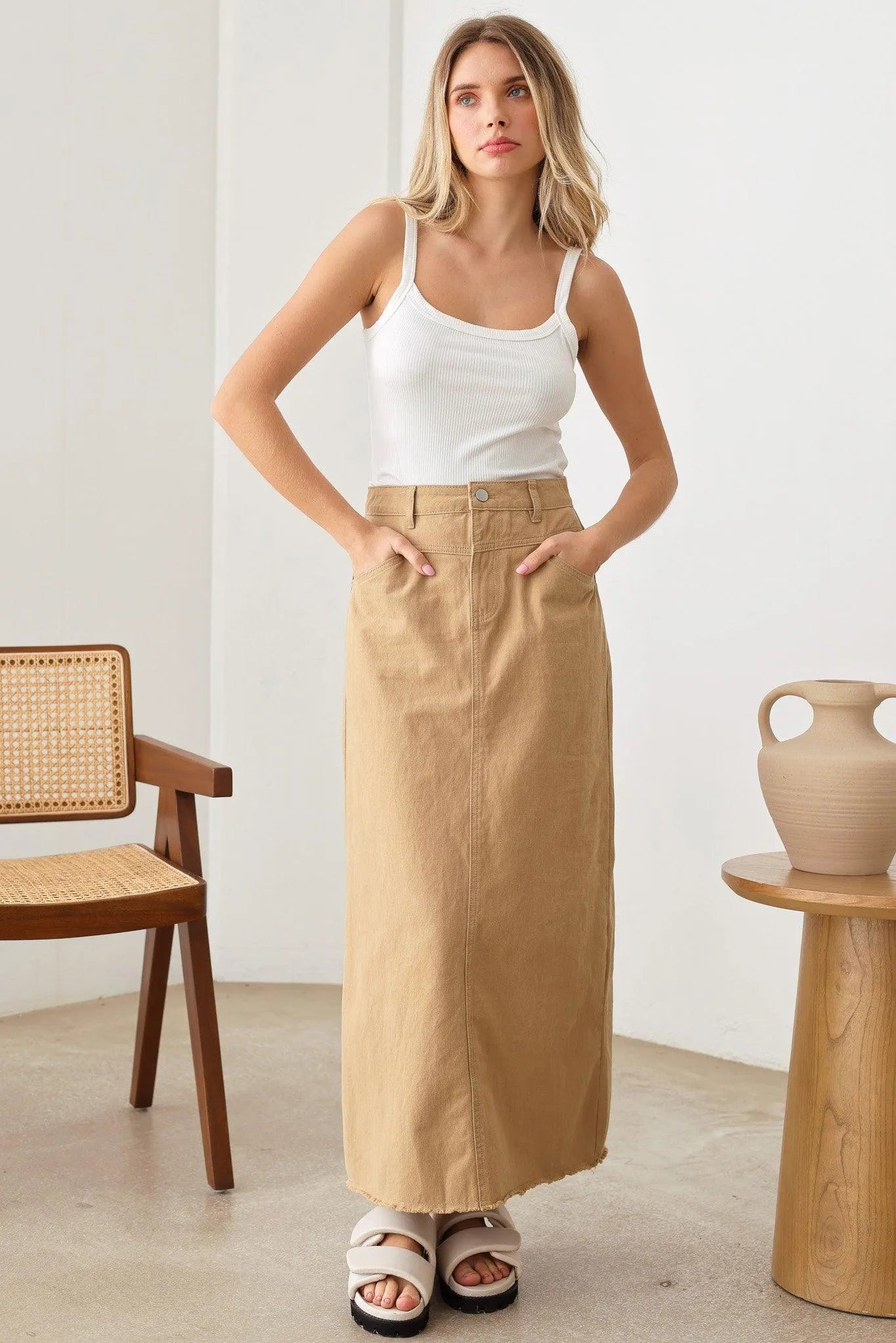 Mid Waist A-Line Frayed Hem Back Leg Slit Maxi Skirt - Tasha Apparel Wholesale