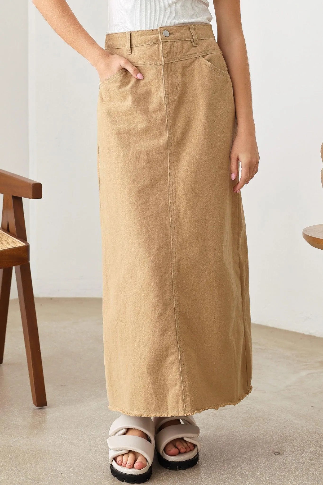 Mid Waist A-Line Frayed Hem Back Leg Slit Maxi Skirt - Tasha Apparel Wholesale