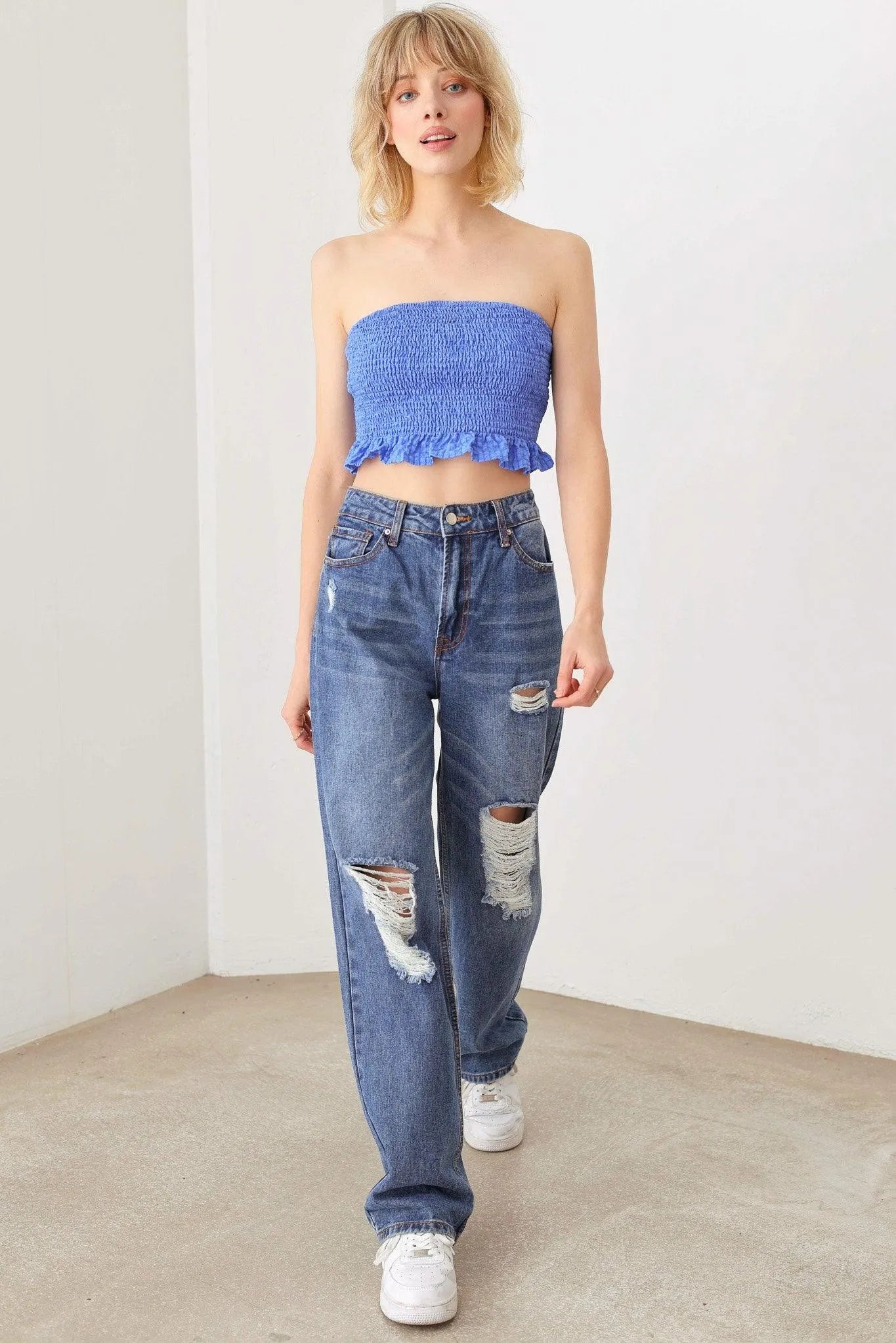 Smocked Strapless Ruffle Plaid Hem Crop Top - Tasha Apparel Wholesale