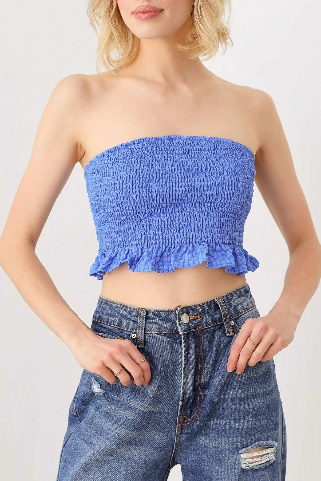 Smocked Strapless Ruffle Plaid Hem Crop Top - Tasha Apparel Wholesale