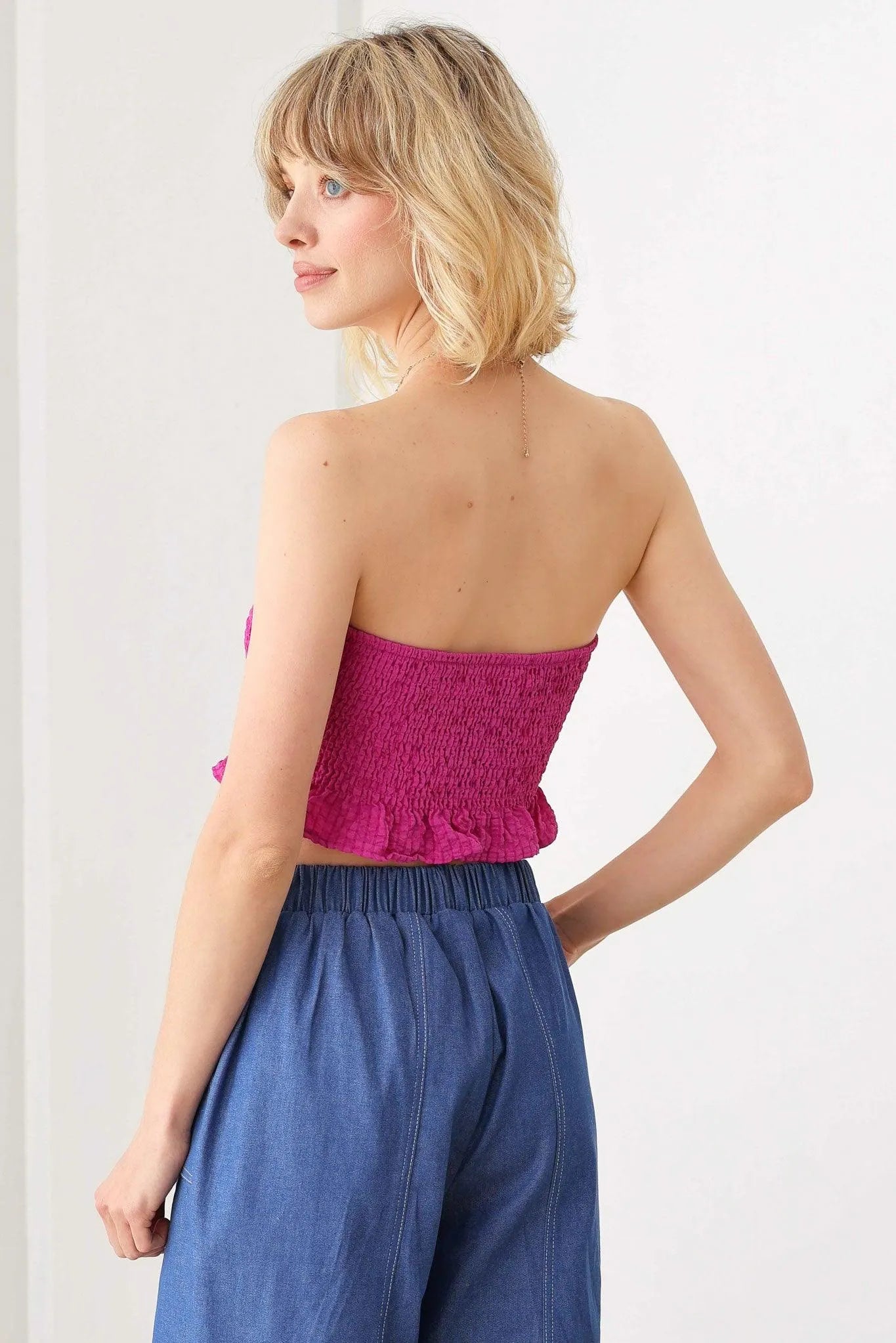 Smocked Strapless Ruffle Plaid Hem Crop Top - Tasha Apparel Wholesale