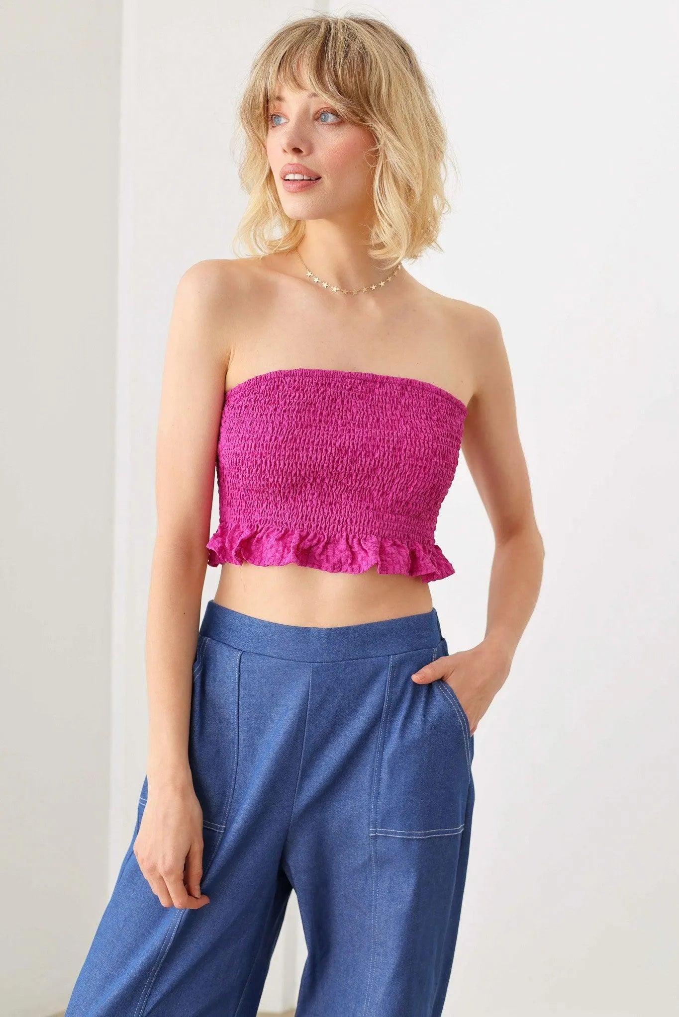 Smocked Strapless Ruffle Plaid Hem Crop Top - Tasha Apparel Wholesale