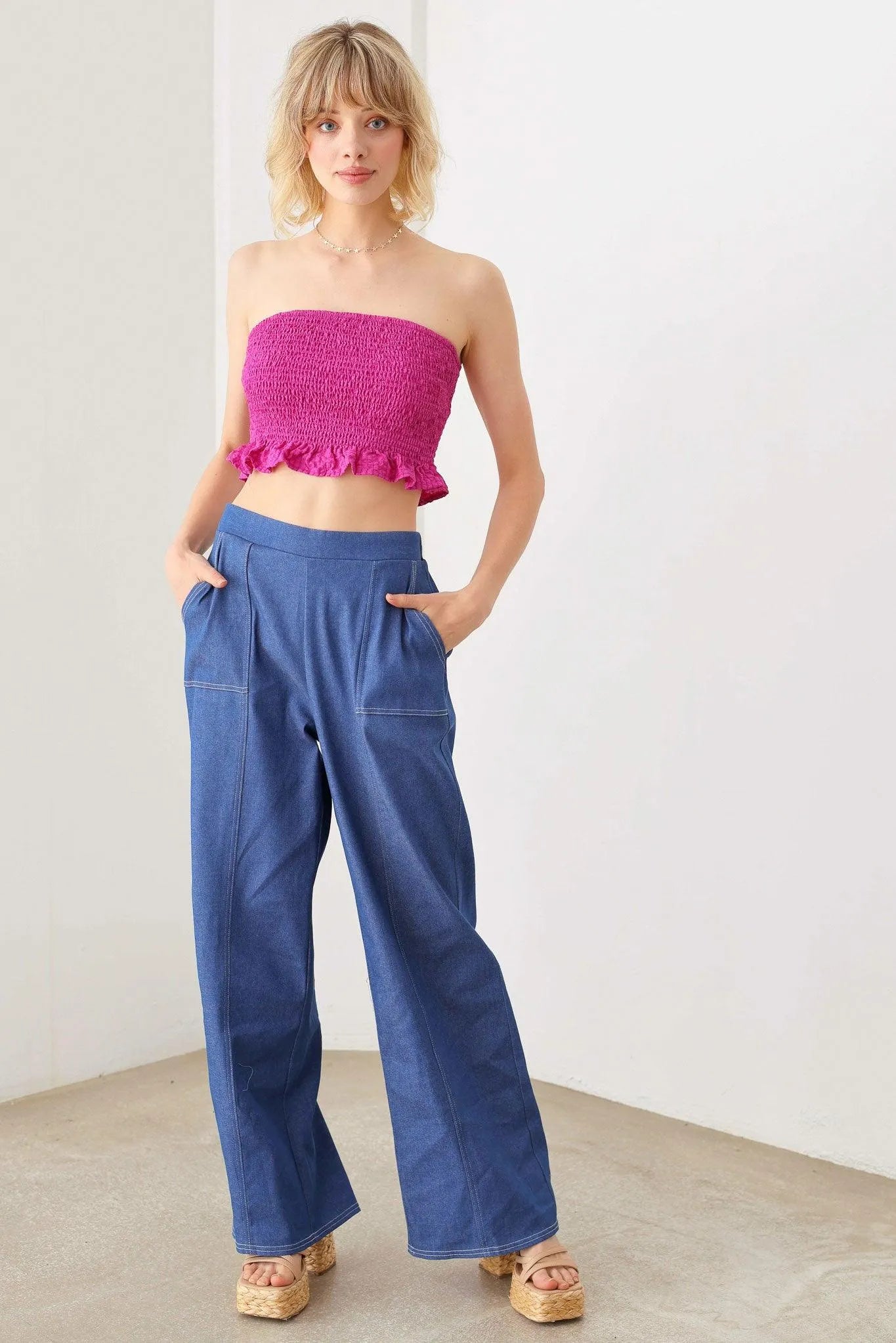 Smocked Strapless Ruffle Plaid Hem Crop Top - Tasha Apparel Wholesale