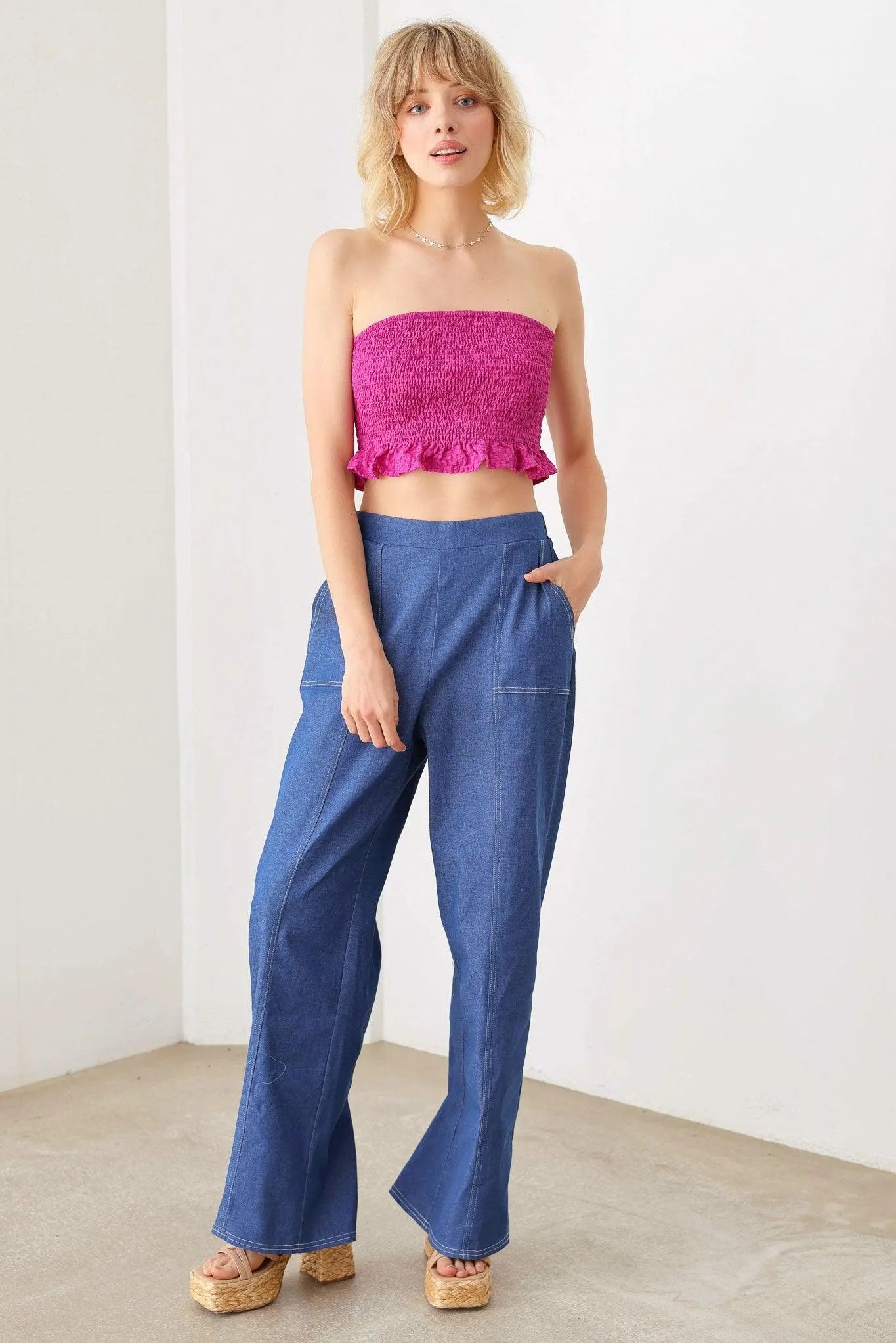 Smocked Strapless Ruffle Plaid Hem Crop Top - Tasha Apparel Wholesale