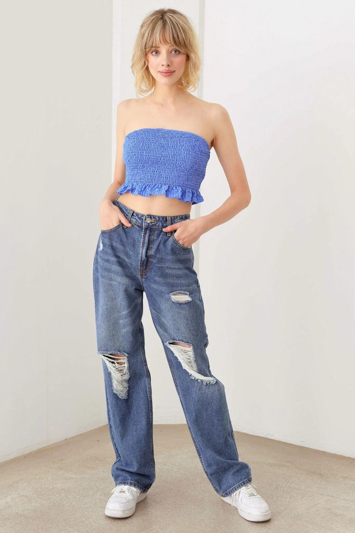 Smocked Strapless Ruffle Plaid Hem Crop Top - Tasha Apparel Wholesale