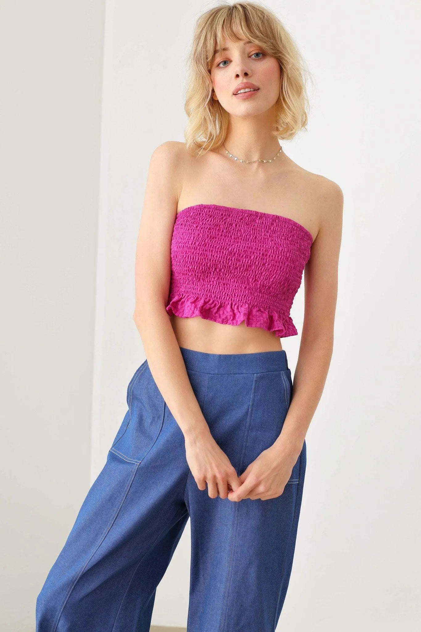 Smocked Strapless Ruffle Plaid Hem Crop Top - Tasha Apparel Wholesale