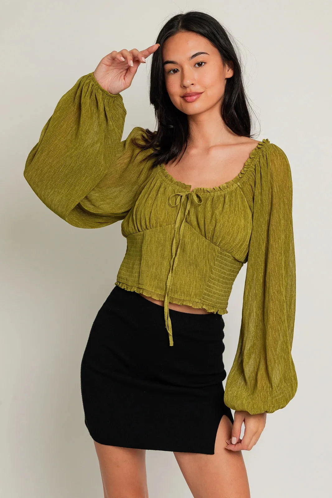 Crop Smoked Long Ballon Sleeve Front Tie Top - Tasha Apparel Wholesale