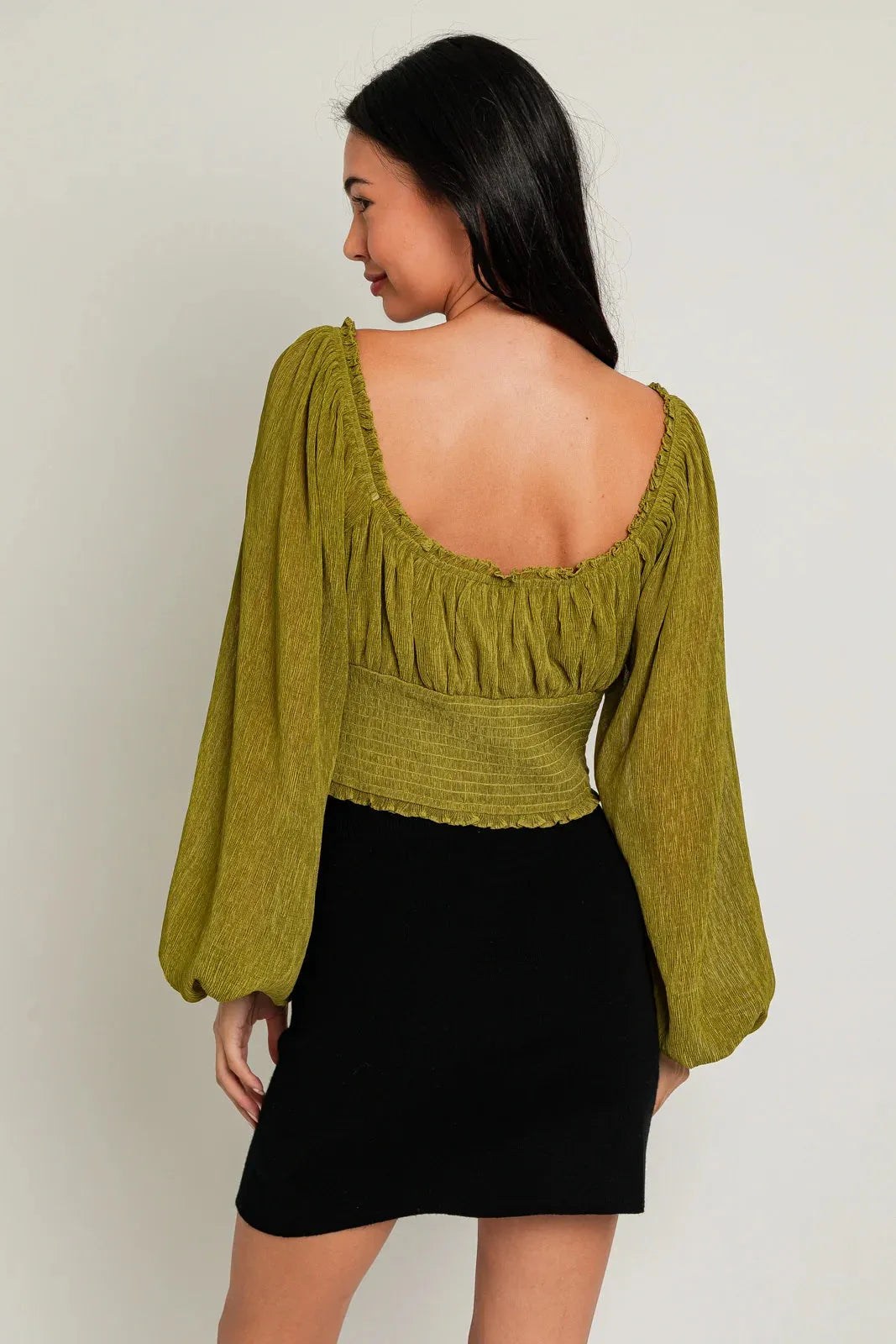 Crop Smoked Long Ballon Sleeve Front Tie Top - Tasha Apparel Wholesale