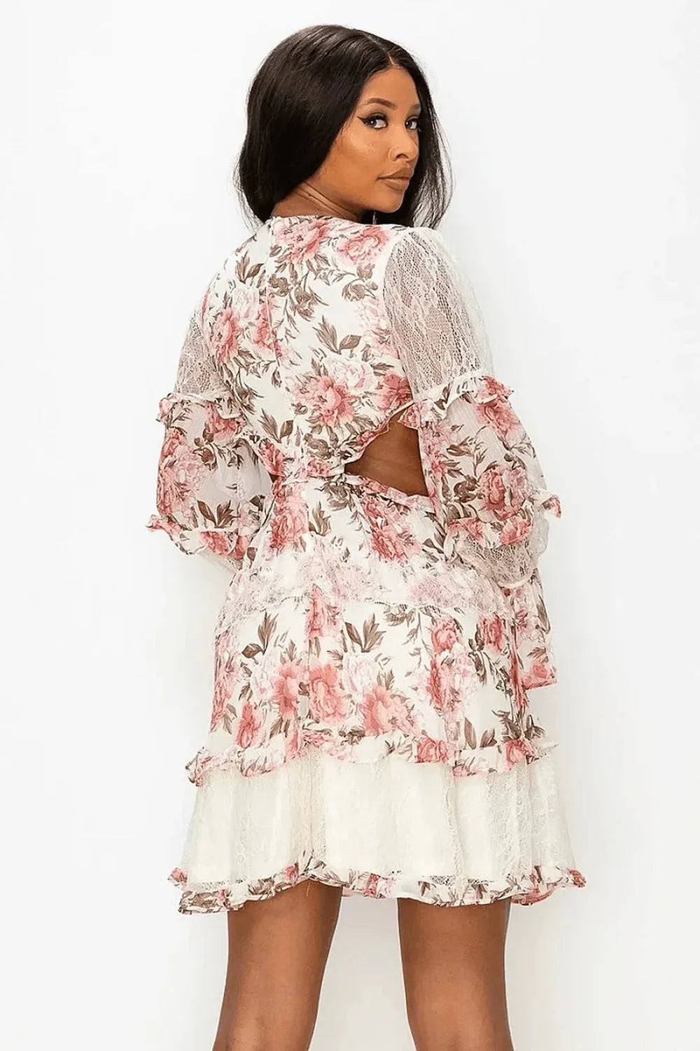 Wholesale Floral Lace Detail V-Neck Tiered Cut-Out Back Zipper Mini Dress