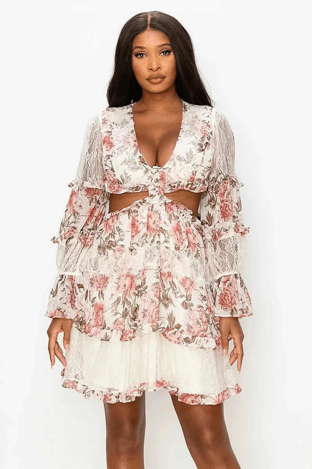 Floral Lace Detail V-Neck Tiered Cut-Out Back Zipper Mini Dress Floral Lace Detail V-Neck Tiered Cut-Out Back Zipper Mini Dress