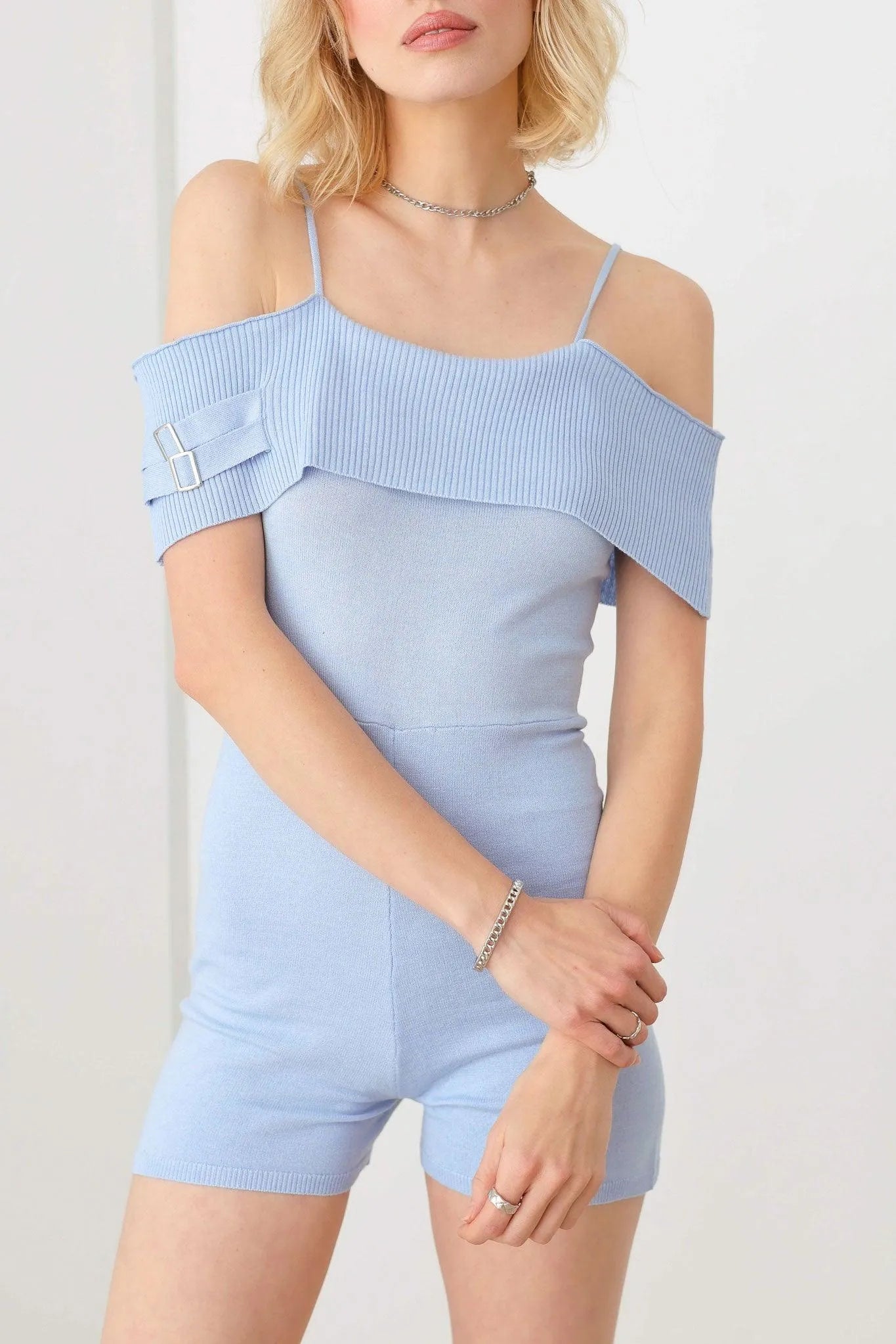 Knit Ribbed Ruffle Bust Line Adjustable Shoulder Strap Romper - Tasha Apparel Wholesale