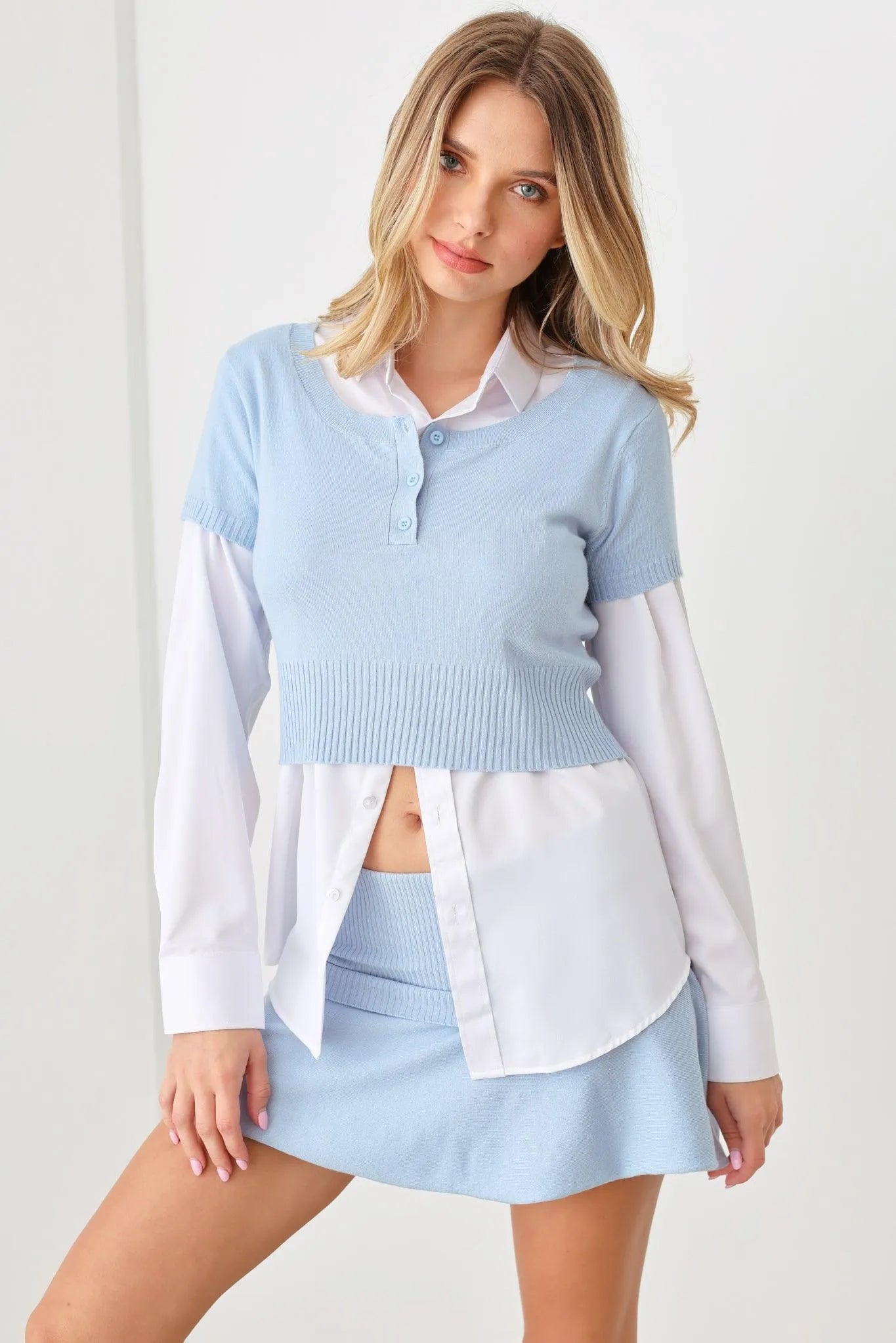 Sweater-Knit Short Sleeve Crop Top & Mini Skirt Set - Tasha Apparel Wholesale