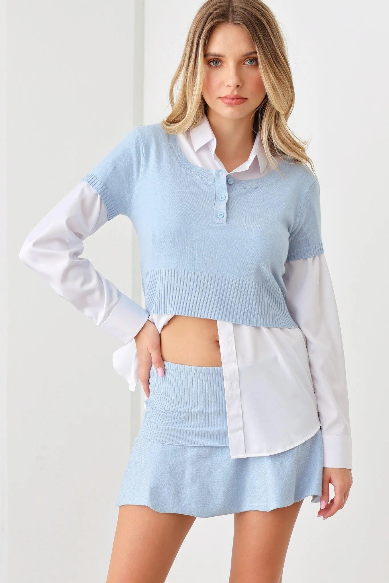 Sweater-Knit Short Sleeve Crop Top & Mini Skirt Set - Tasha Apparel Wholesale