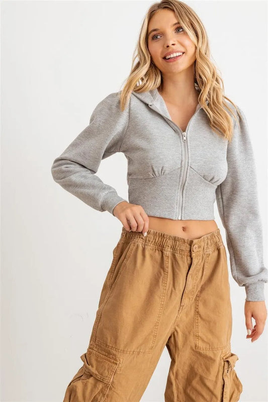 Heather Grey Zip-Up Hooded Long Sleeve Cropped Sweater - Tasha Apparel Wholesale