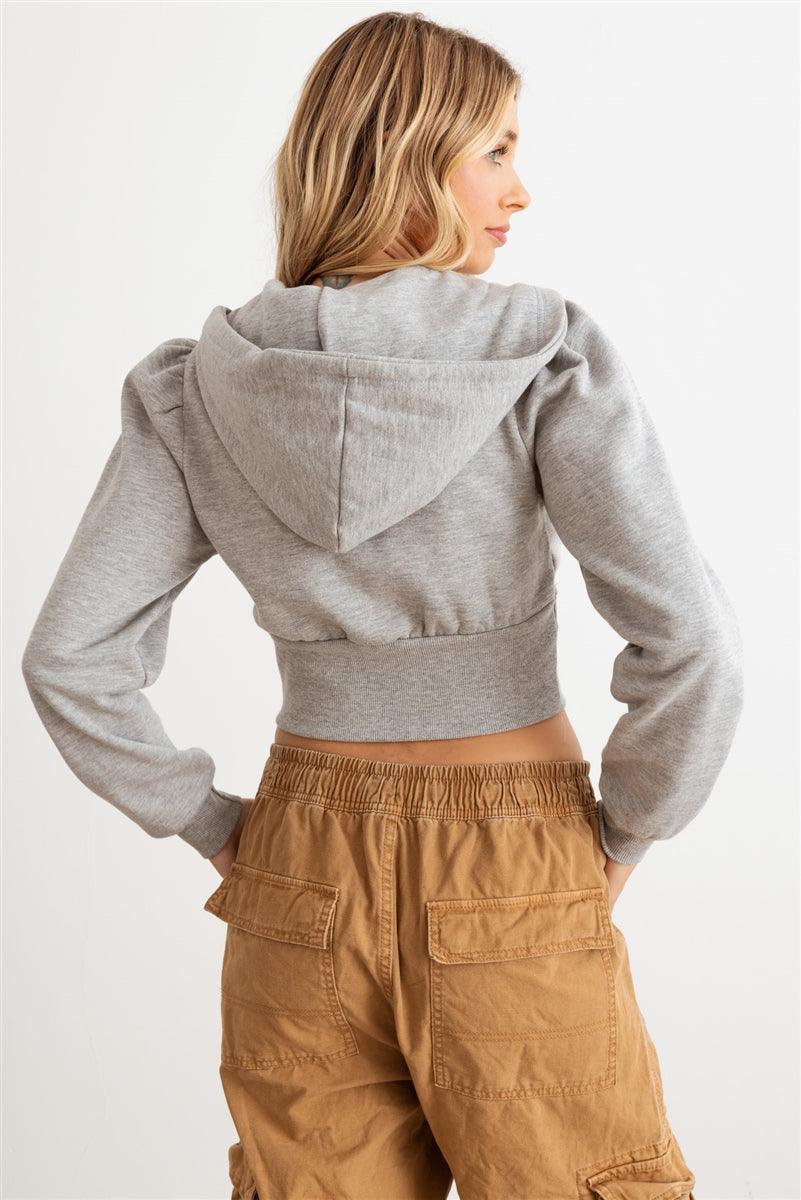 Heather Grey Zip-Up Hooded Long Sleeve Cropped Sweater 2