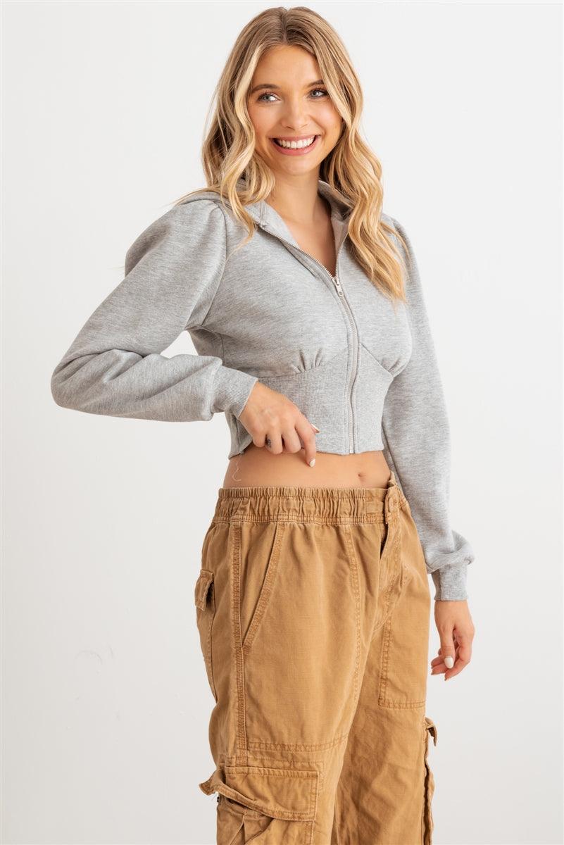 Heather Grey Zip-Up Hooded Long Sleeve Cropped Sweater 3