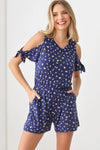 Floral Print Open Shoulder Open Button Back Side Pockets Romper - Tasha Apparel Wholesale