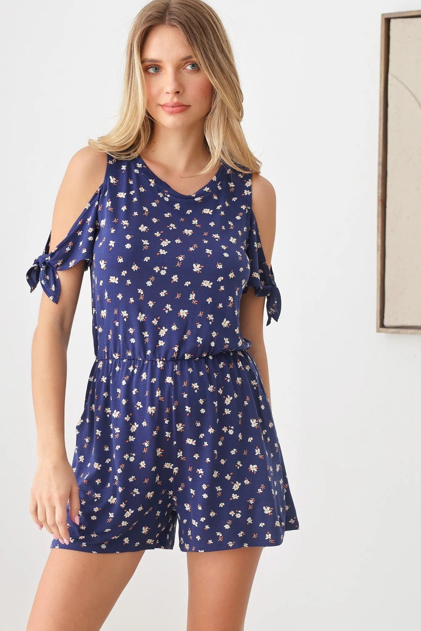 Floral Print Open Shoulder Open Button Back Side Pockets Romper - Tasha Apparel Wholesale