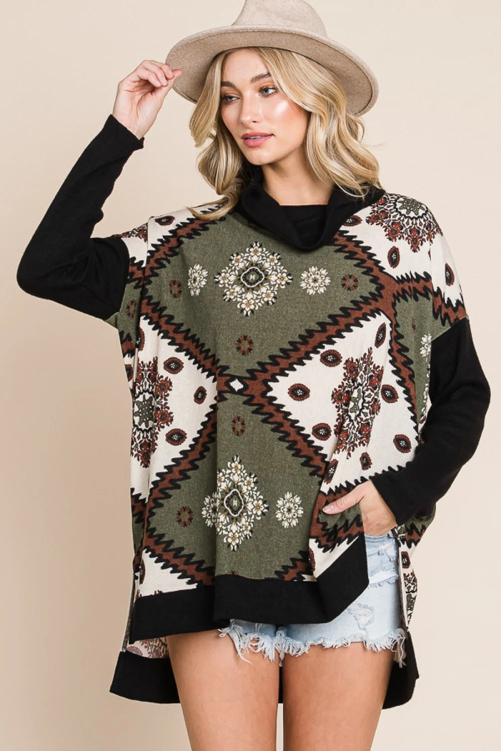 Aztec Floral Print Cowl Neck Long Sleeve Western Boutique Casual Tunic Top