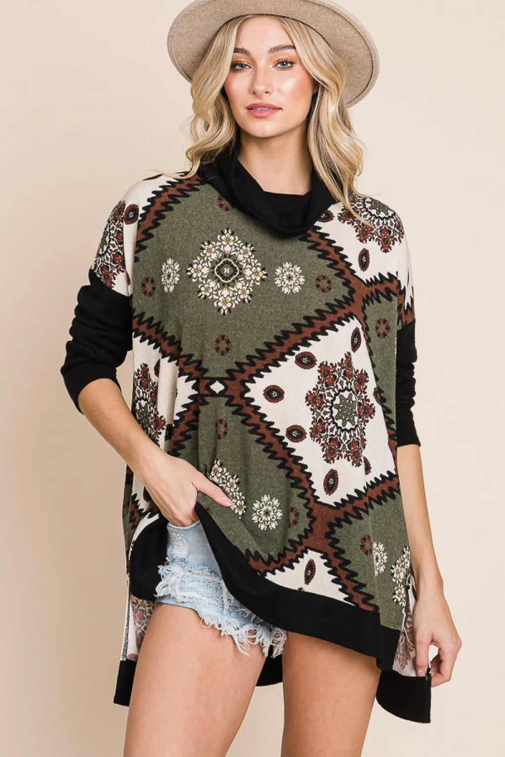 Aztec Floral Print Cowl Neck Long Sleeve Western Boutique Casual Tunic Top