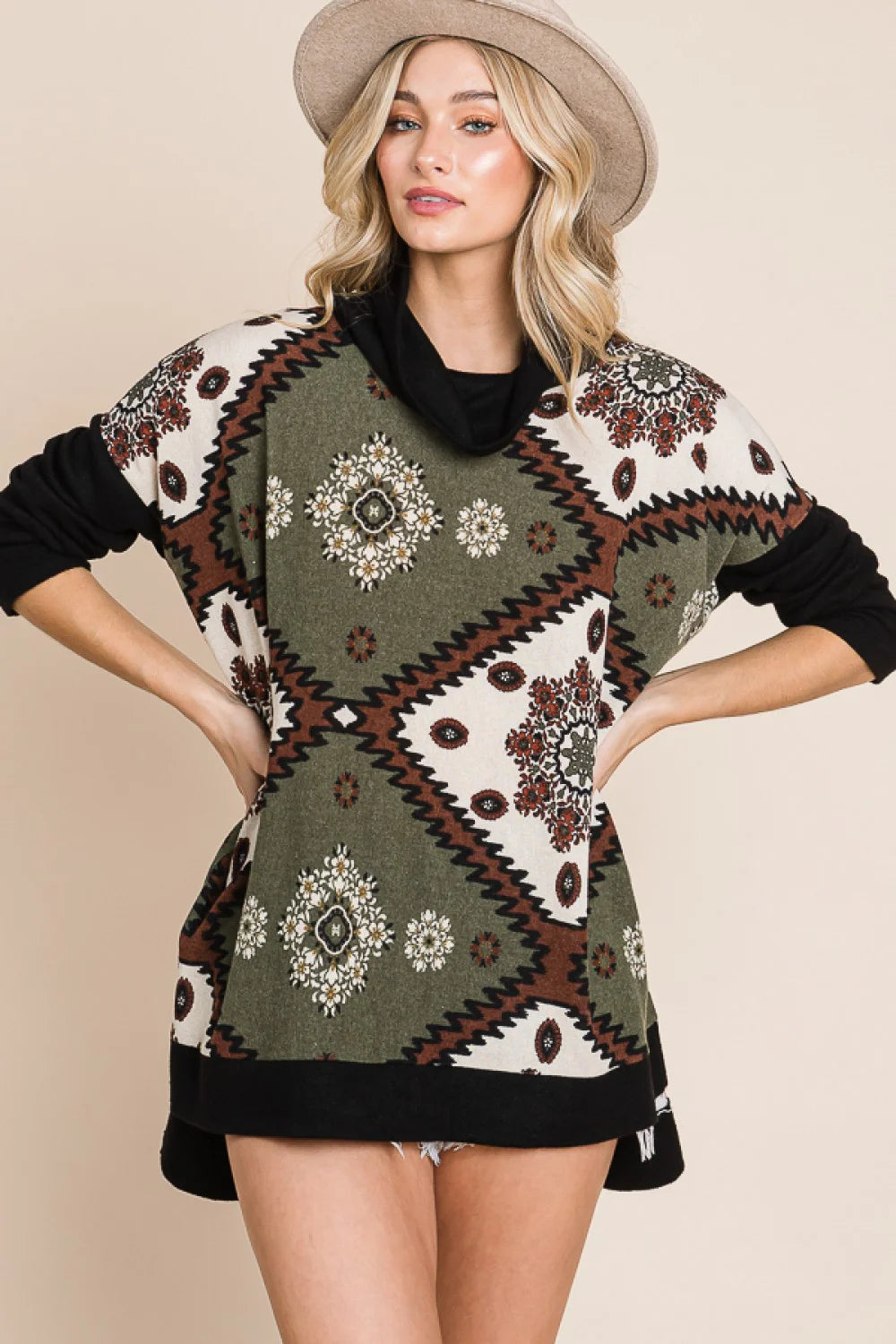 Aztec Floral Print Cowl Neck Long Sleeve Western Boutique Casual Tunic Top