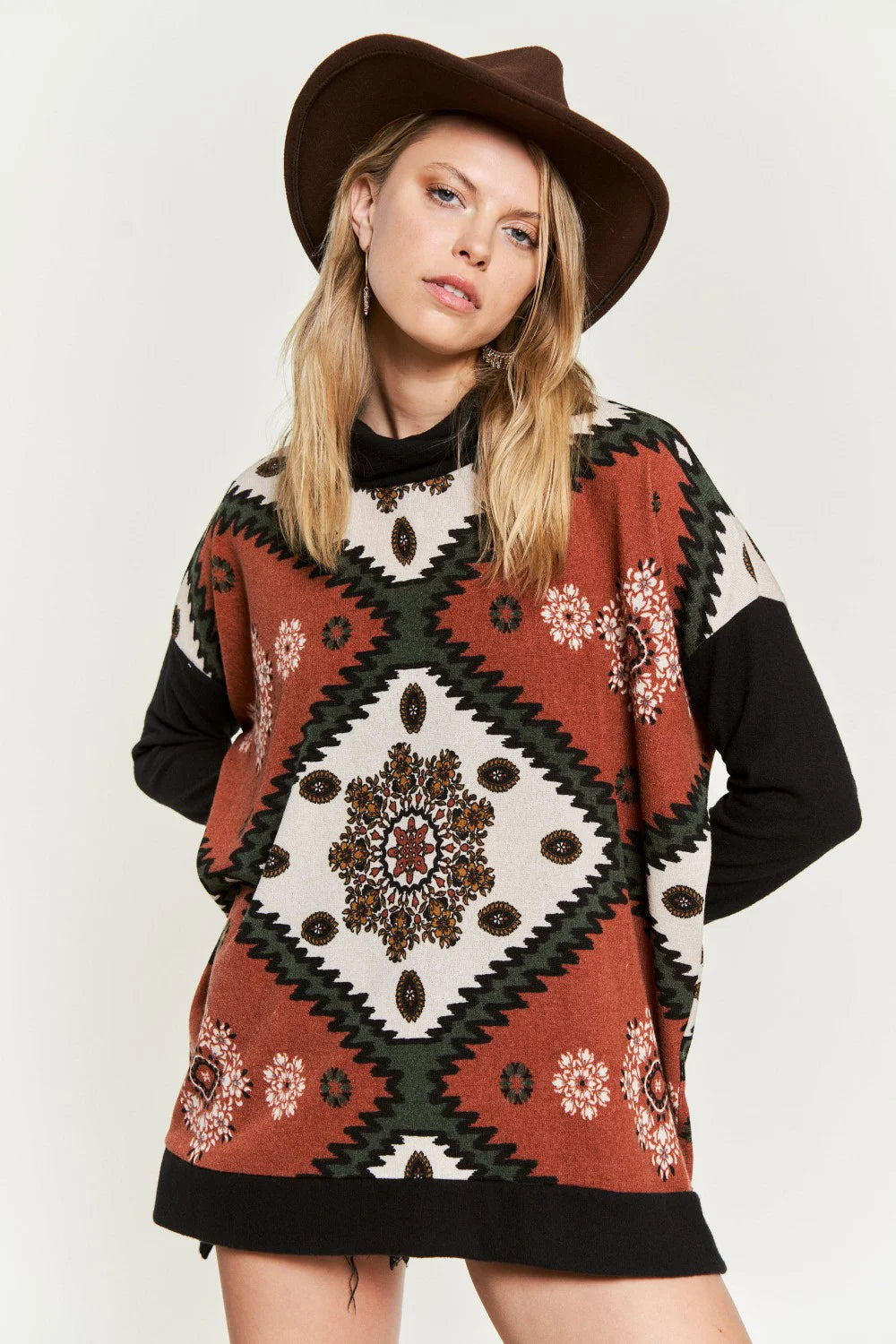 Aztec Floral Print Cowl Neck Long Sleeve Western Boutique Casual Tunic Top