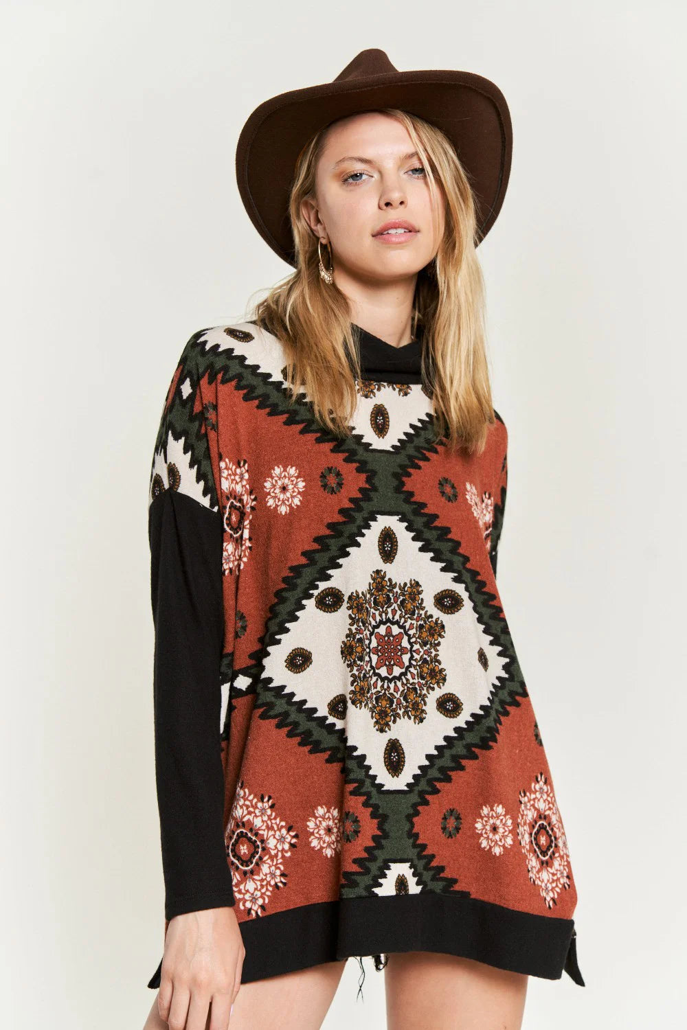 Aztec Floral Print Cowl Neck Long Sleeve Western Boutique Casual Tunic Top