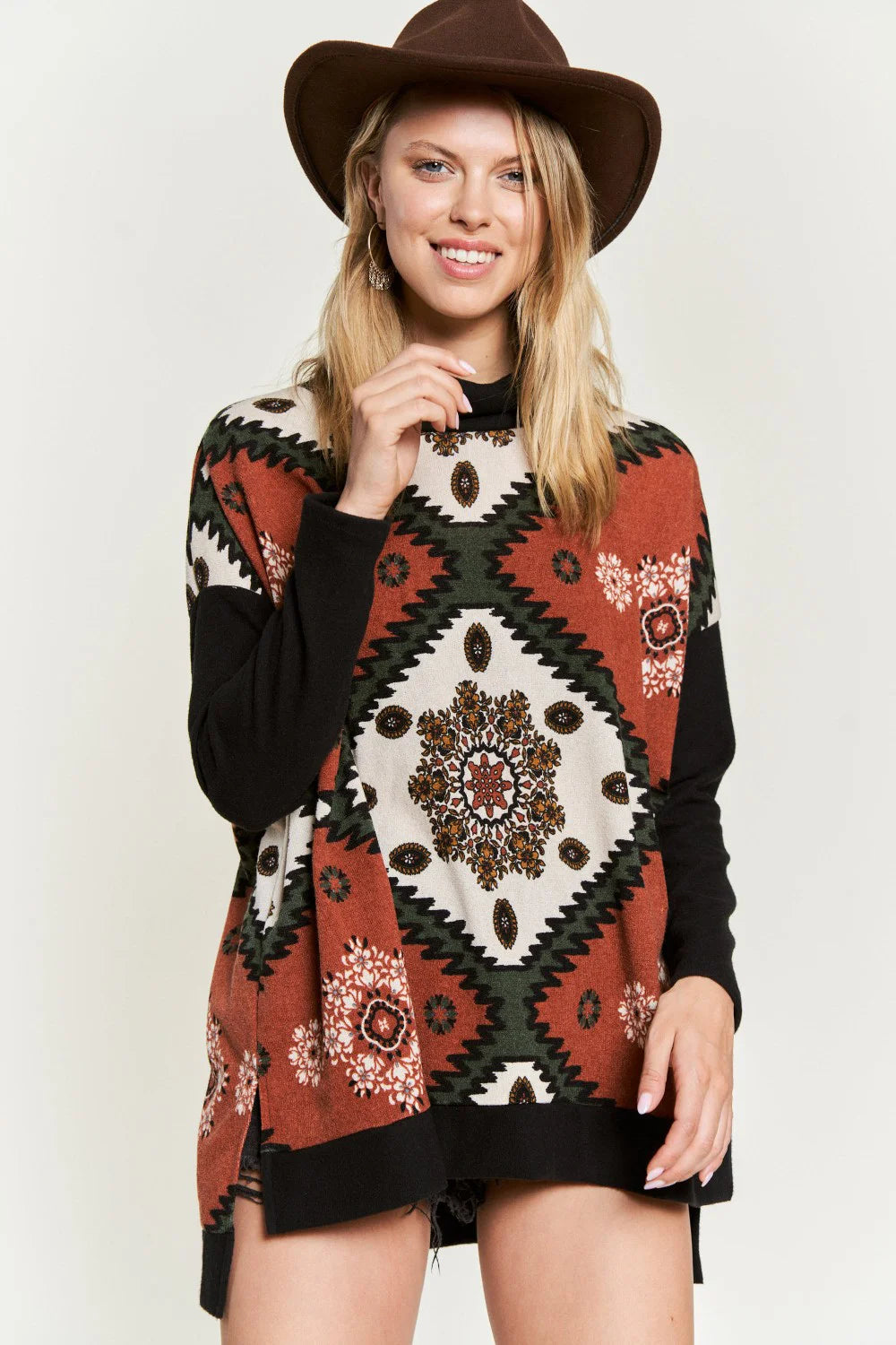 Aztec Floral Print Cowl Neck Long Sleeve Western Boutique Casual Tunic Top