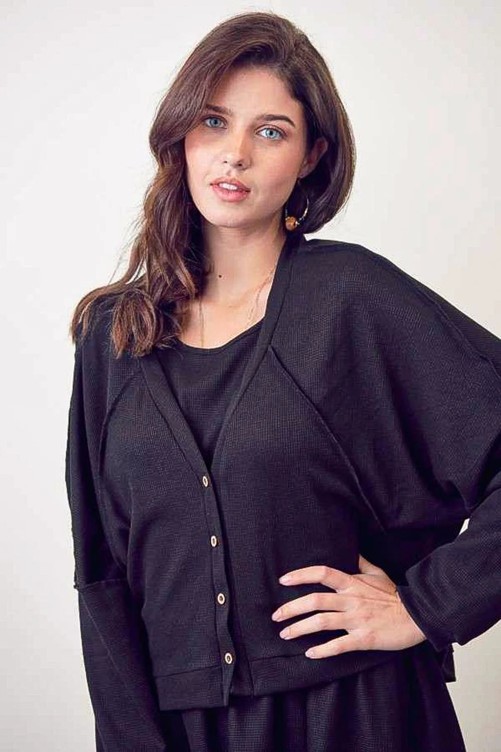 Plus Size Cropped Button Front Drop Shoulder Oversized Ribbed Knit Cardigan
