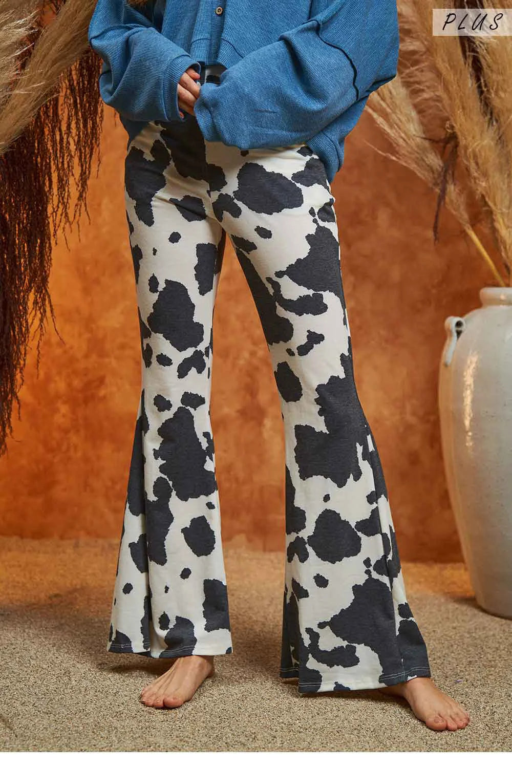 Cow Print Flared High Waisted Western Boho Stretchy Bell Bottom Trendy Pants