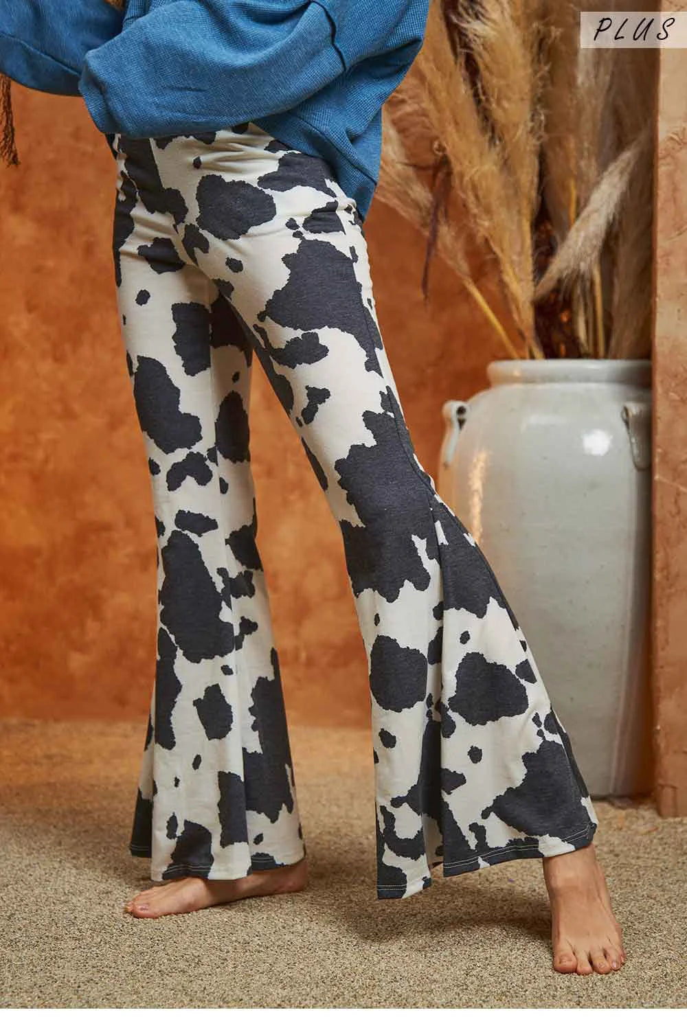 Cow Print Flared High Waisted Western Boho Stretchy Bell Bottom Trendy Pants