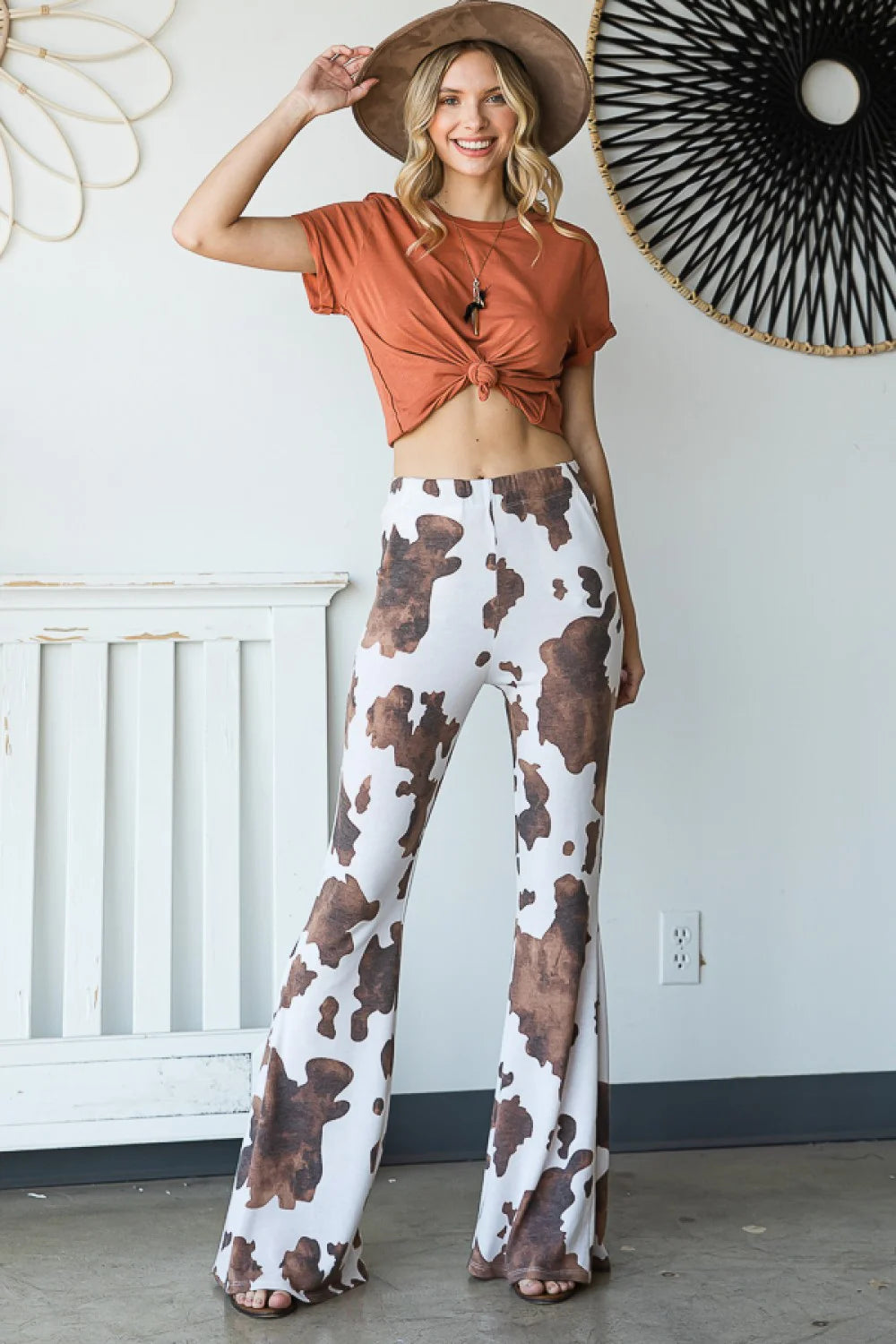 Cow Print Flared High Waisted Western Boho Stretchy Bell Bottom Trendy Pants