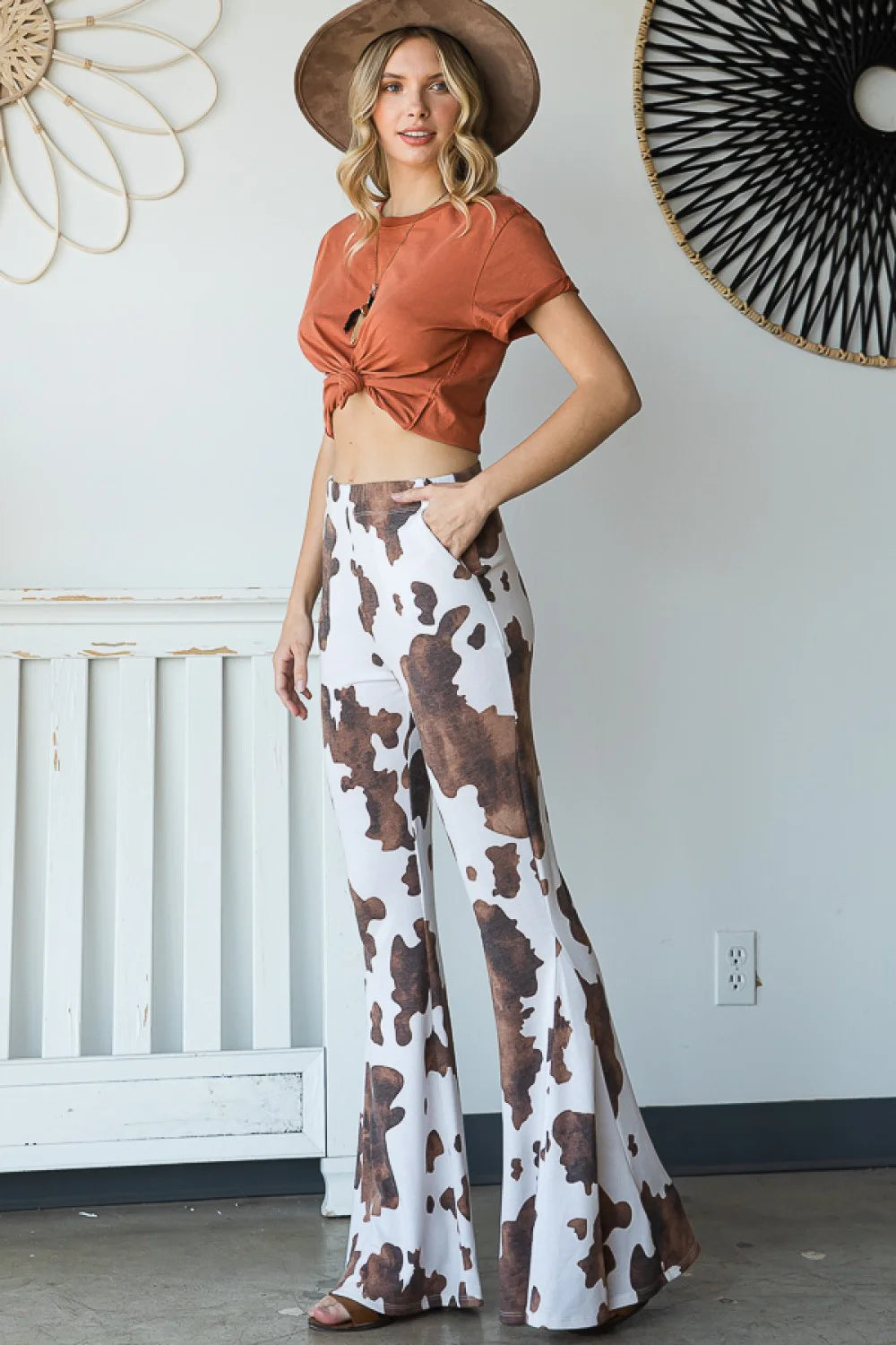 Cow Print Flared High Waisted Western Boho Stretchy Bell Bottom Trendy Pants