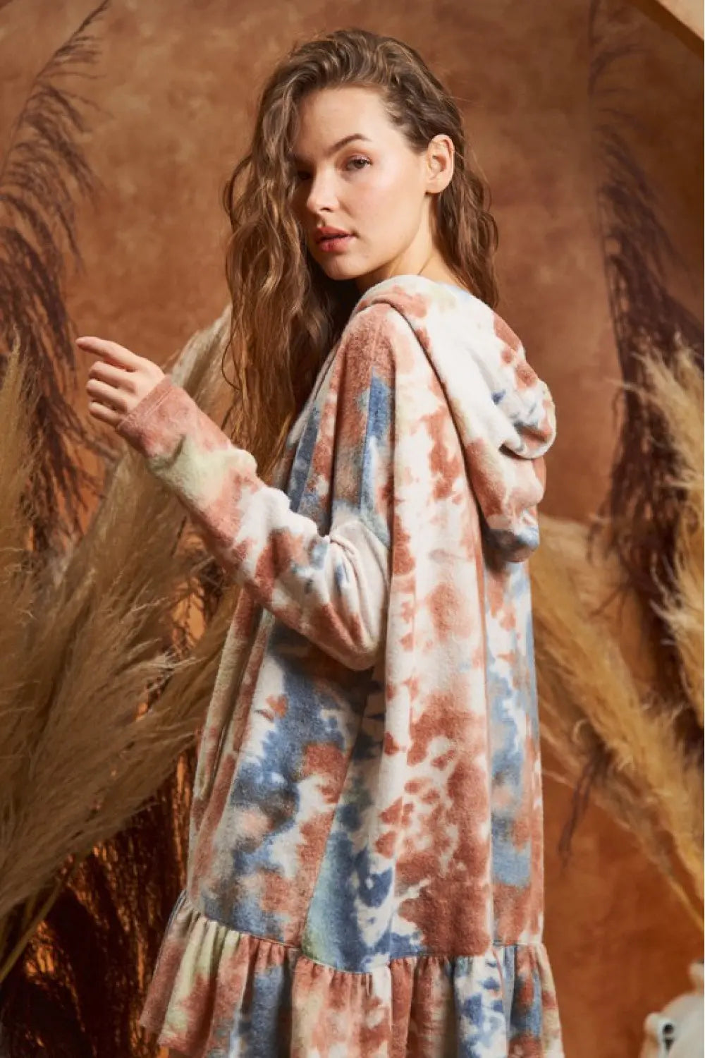 Plus Size Tie Dye Hoodie Drawstring Ruffle Tunic Top - Tasha Apparel Wholesale