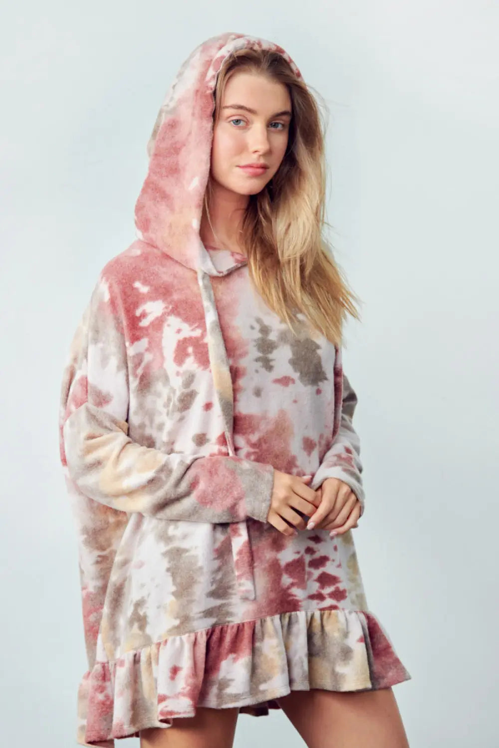 Plus Size Tie Dye Hoodie Drawstring Ruffle Tunic Top - Tasha Apparel Wholesale