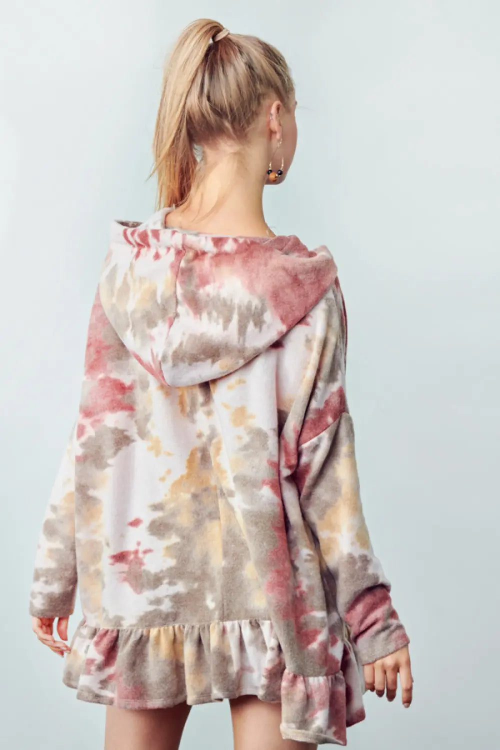 Plus Size Tie Dye Hoodie Drawstring Ruffle Tunic Top - Tasha Apparel Wholesale