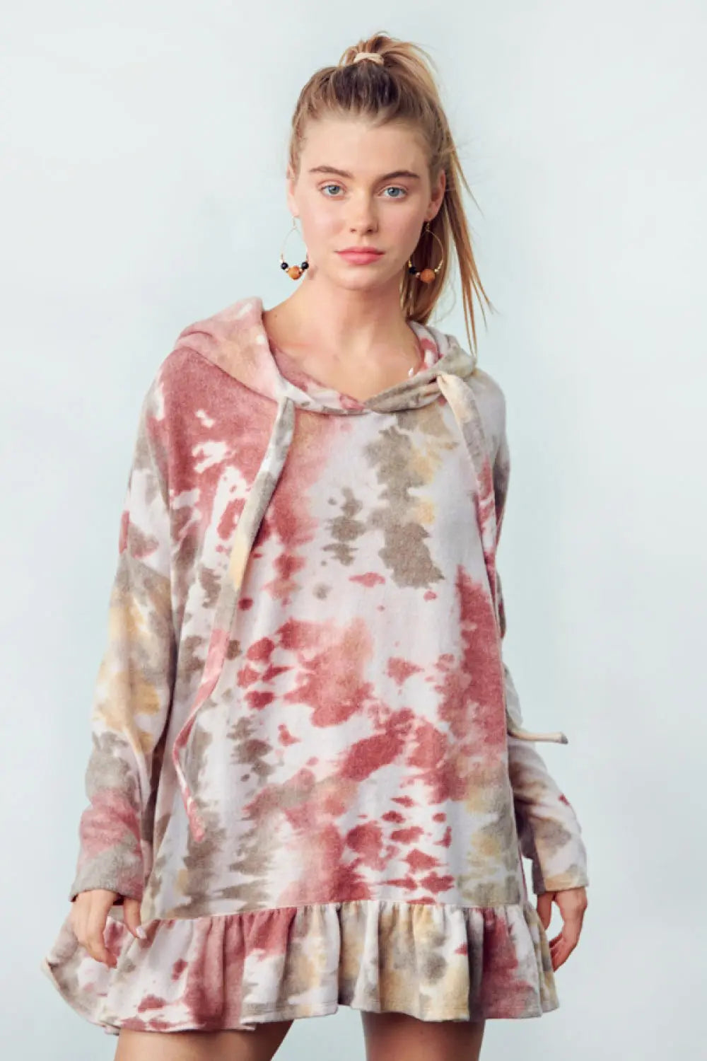 Fluffy Tie Dye Soft Fleece Ruffled Hem Cozy Boutique Lounge Hooded Tunic Top