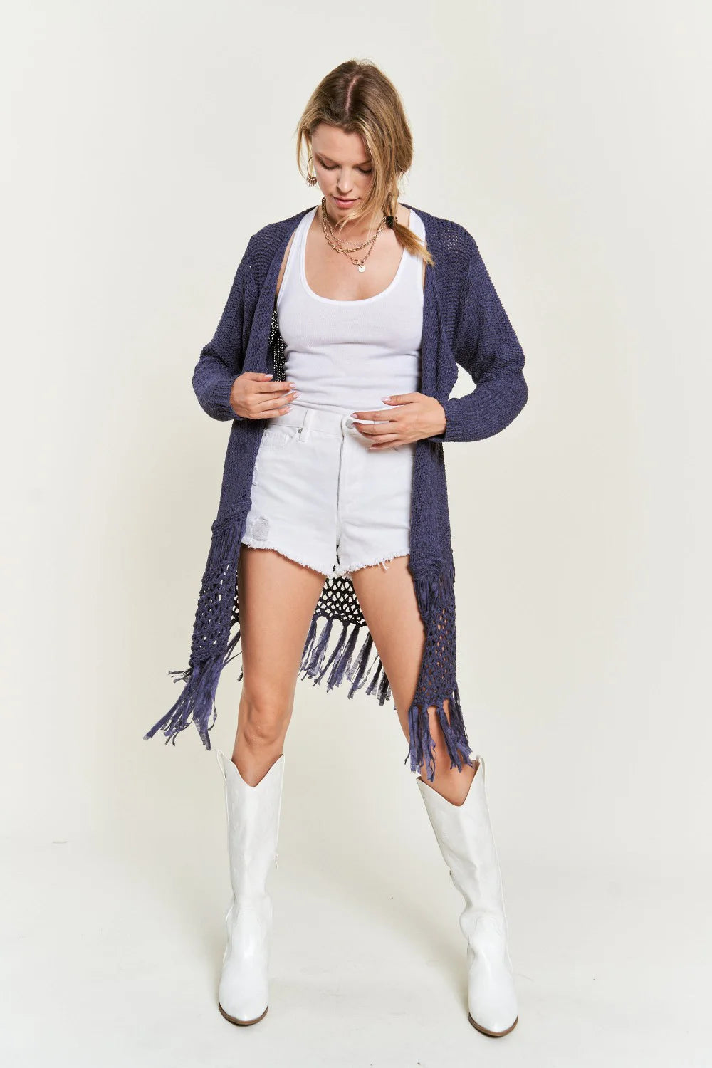 Boho Fringe Long Sleeve Crochet Detail Festival Layering Open Front Cardigan