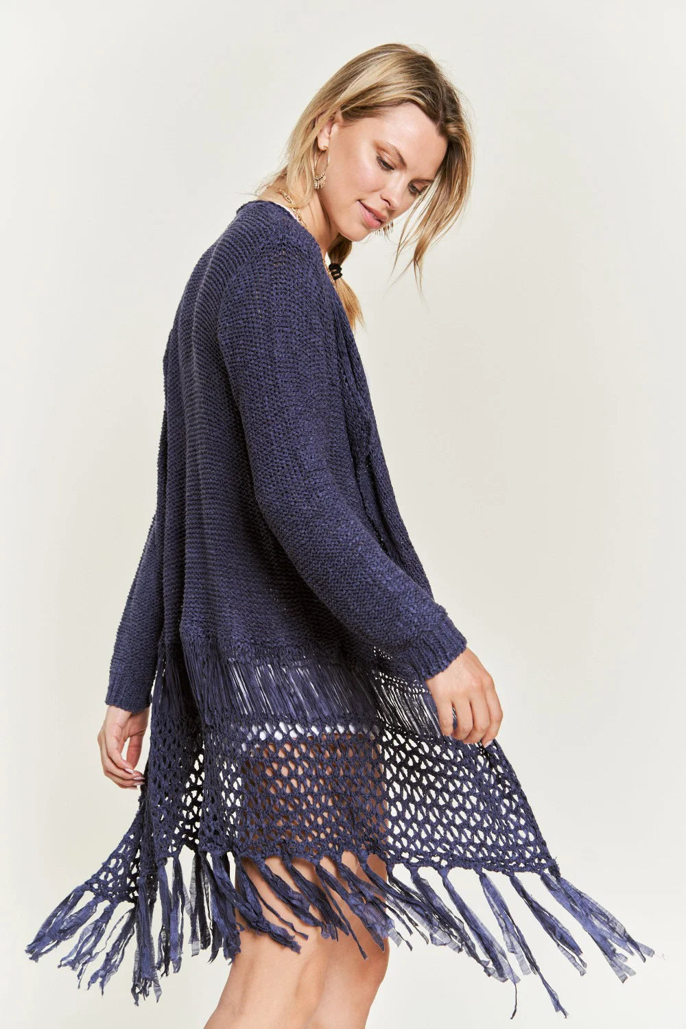 Boho Fringe Long Sleeve Crochet Detail Festival Layering Open Front Cardigan