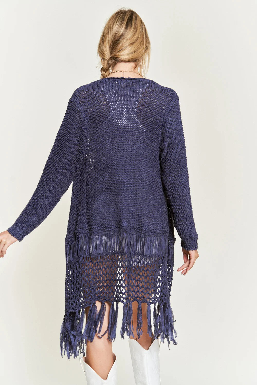 Boho Fringe Long Sleeve Crochet Detail Festival Layering Open Front Cardigan