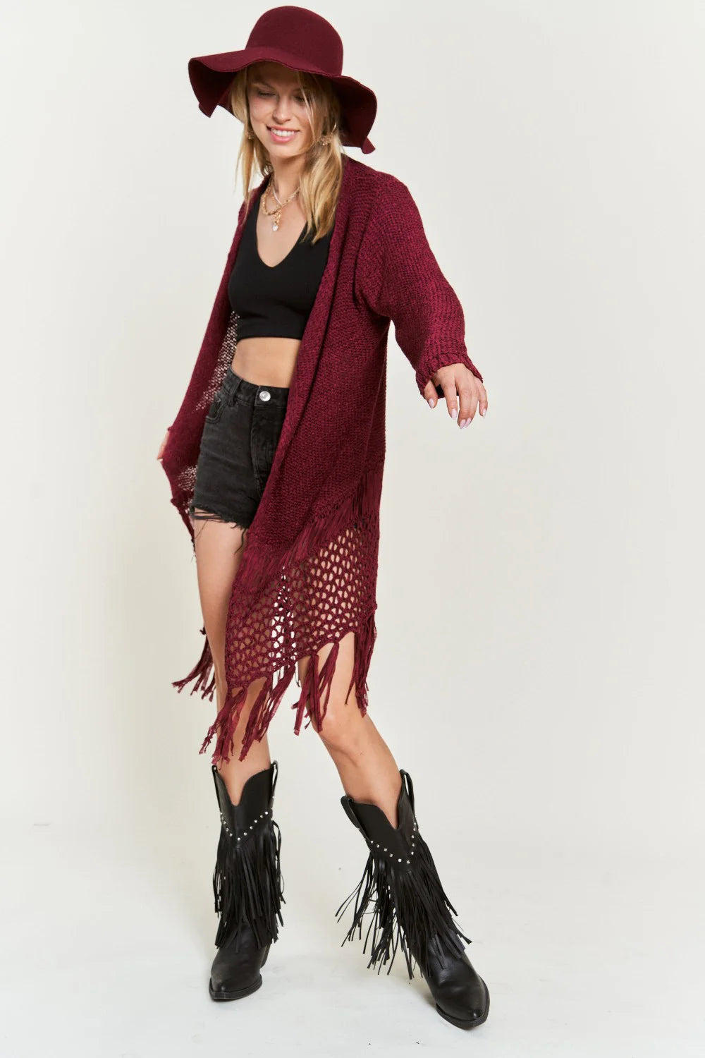 Boho Fringe Long Sleeve Crochet Detail Festival Layering Open Front Cardigan