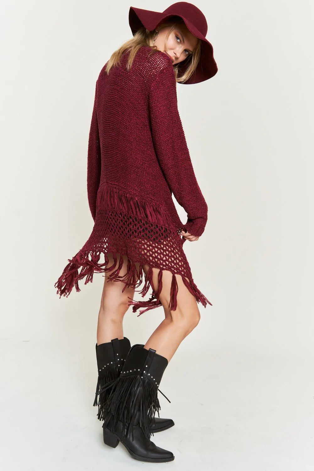 Boho Fringe Long Sleeve Crochet Detail Festival Layering Open Front Cardigan