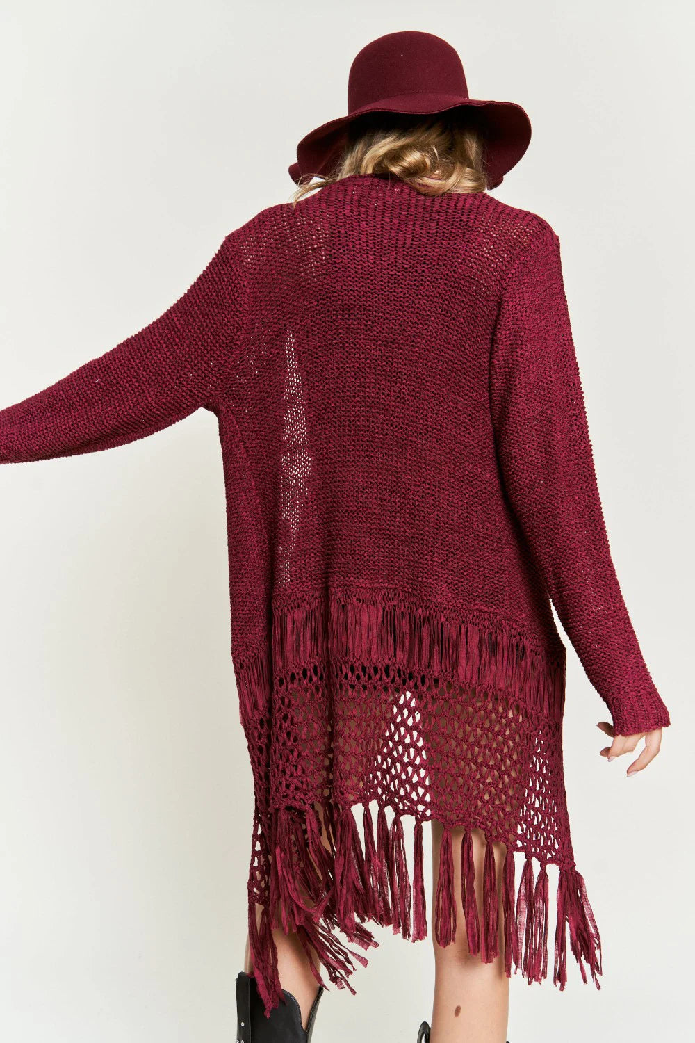 Boho Fringe Long Sleeve Crochet Detail Festival Layering Open Front Cardigan