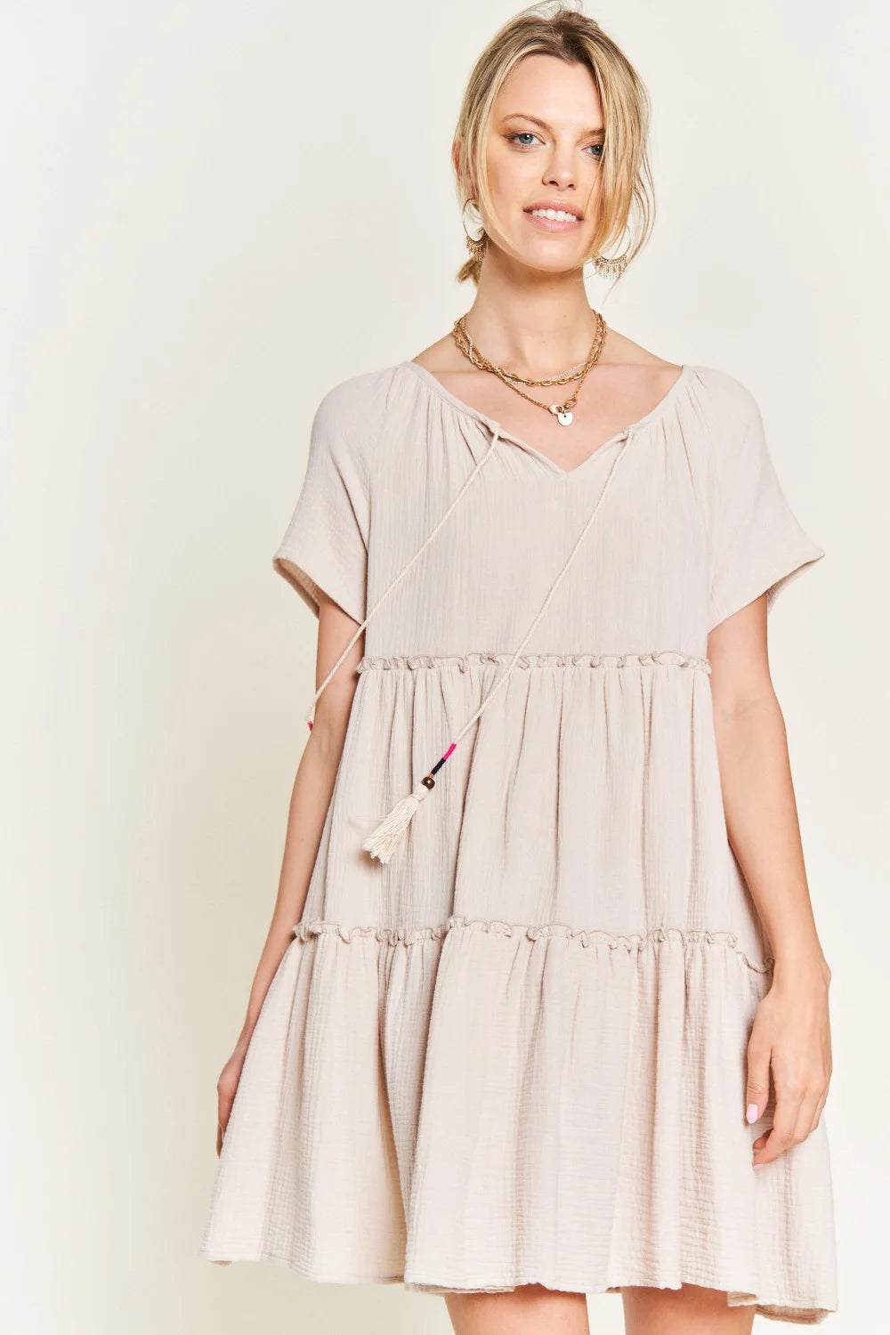 Plus Size Tiered Babydoll Short Sleeve V Neck Tassel Tie Casual Summer Swing Dress