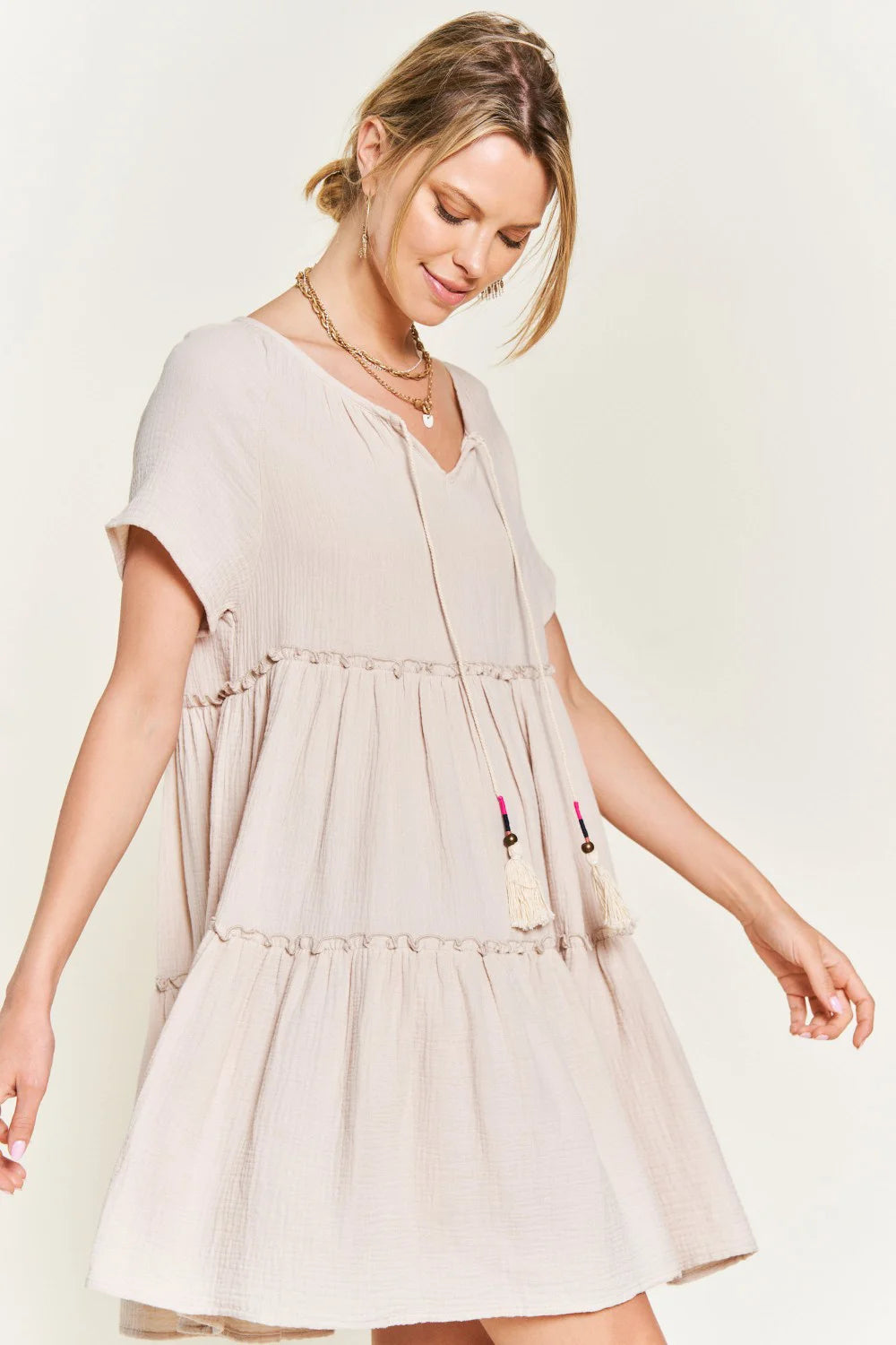 Plus Size Tiered Babydoll Short Sleeve V Neck Tassel Tie Casual Summer Swing Dress