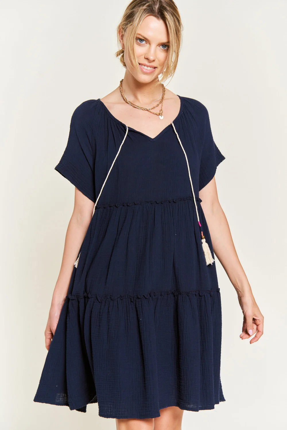 Plus Size Tiered Babydoll Short Sleeve V Neck Tassel Tie Casual Summer Swing Dress